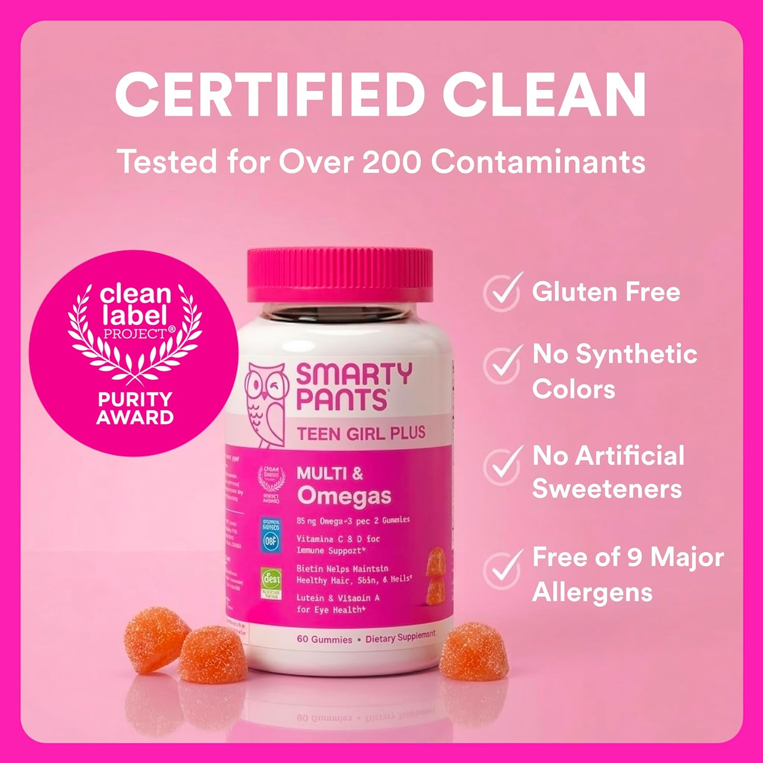 SmartyPants Teen Girl Multivitamin Gummies, Omega 3 (DHA/EPA), Vitamin C, D3, B12, Vitamin A, K & Zinc, Biotin to Support Hair, Skin & Nails, Gluten Free, 60 Count (30 Day Supply) - Image 10