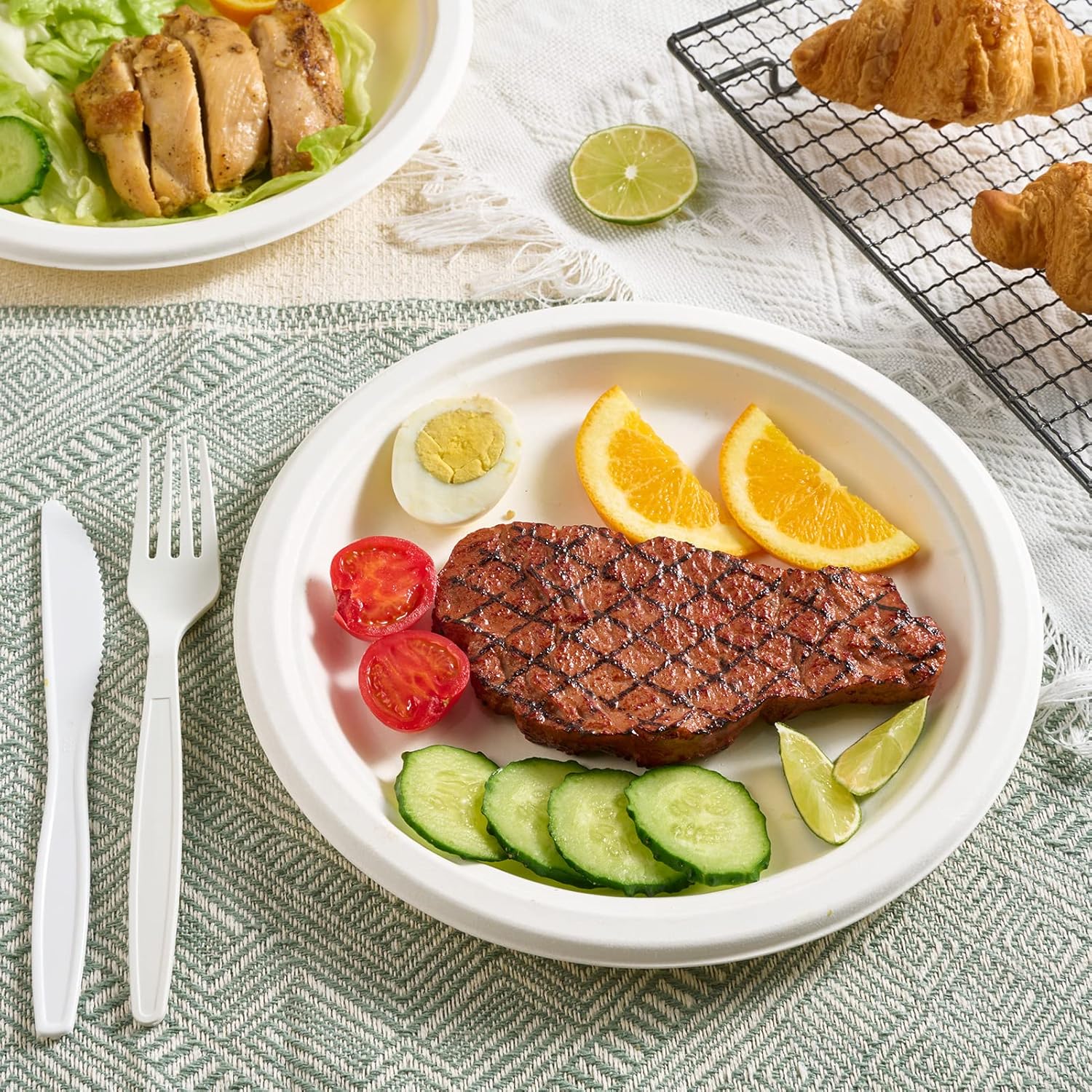 Vplus 500 Pack Paper Plates 9 inch 100% Compostable, Heavy-Duty Disposable Paper Plates Bagasse Natural Biodegradable Eco-Friendly Sugarcane(White) - Image 6