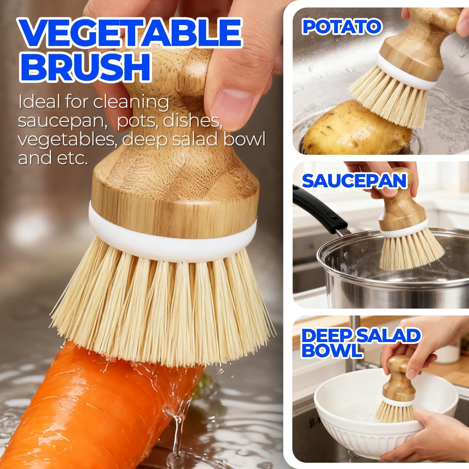 Holikme 6 Pack Dish Brush Scouring Pad Set with Bottle Brush, Dish Brush, Palm Scrub Brush and Straw Brush, Dish Scrubber Long Handle for Dish Bottle Cup Skillet Wok Pot Pan Cast Iron, Yellow - Image 3