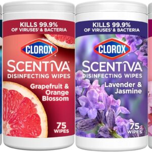 CLOROX Scentiva Disinfecting Wipes Bundle, Coconut and Waterlily, Grapefruit and Orange Blossom, Lavender and Jasmine, Cherry Blossom and Peach, 75 Count Each (Package May Vary
