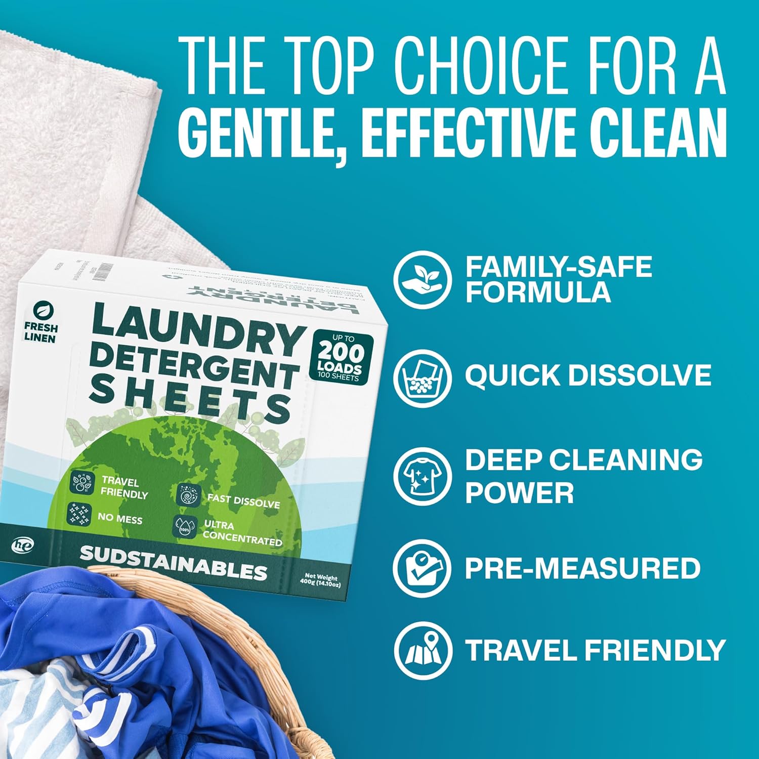 Sudstainables Laundry Detergent Sheets 200 Loads – Dissolvable Laundry Sheet for Washing Machines, Compact Alternative to Liquid & Powder Detergent, Travel-Friendly Soap | Fresh Linen - Image 3