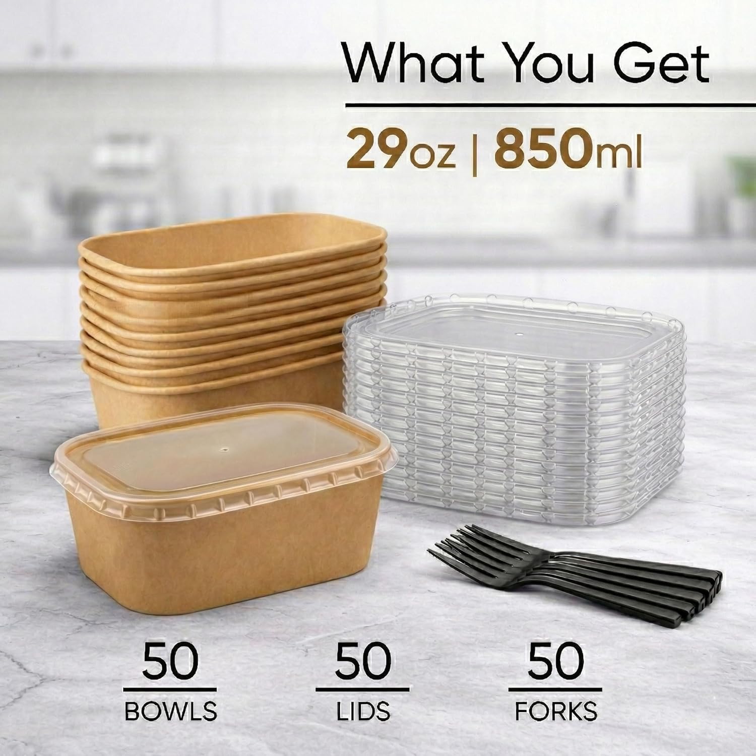 Leafiew 50 Pack 29Oz Disposable Meal Prep Containers With Lids - Microwave and Freezer Safe Kraft Paper Bowls with Lids and Forks - Disposable Food Containers - To Go Bowls for Food Prep and Salad - Image 4
