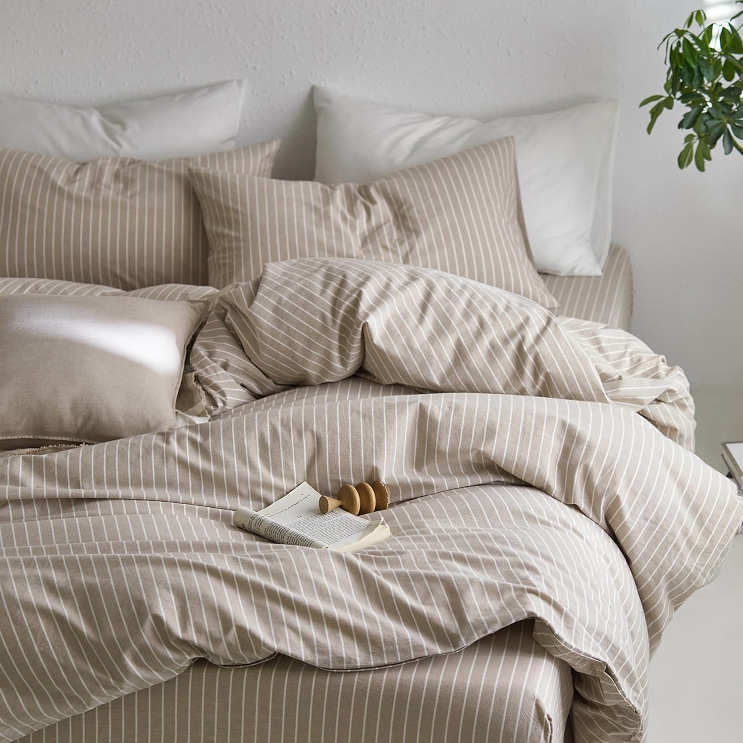 MooMee Striped Duvet Cover Set 100% Washed Cotton Linen Like Textured Breathable Durable Soft Comfy (Tannish Linen Grey White Wide Stripes, King 104"x90") - Image 6