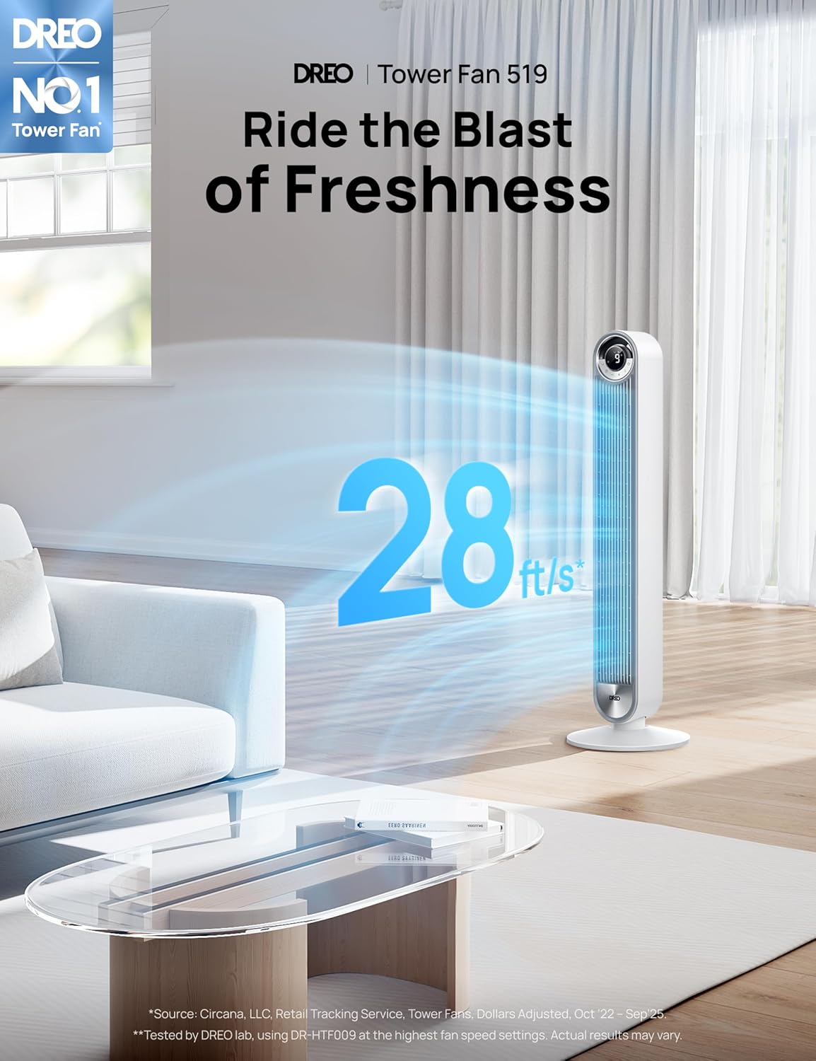 DREO Tower Fan for Bedroom, Upgrated DC 9 Speeds Ultra-Quiet Floor Fan, 90ยฐ Oscillating Fans for Indoors with 28ft/s Velocity, 12H Timer, Standing Fans, Bladeless Fan Powerful for Home, White - Image 2