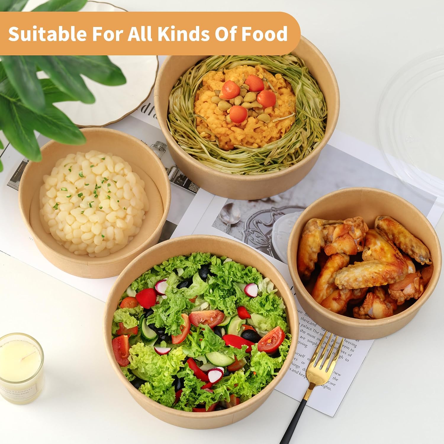 100 Pack 20 oz Disposable Bowls with Lids, Kraft Paper Salad Bowls with Lids, Paper Soup Bowls Food Container for Cold/Hot Food or Takeout - Image 6