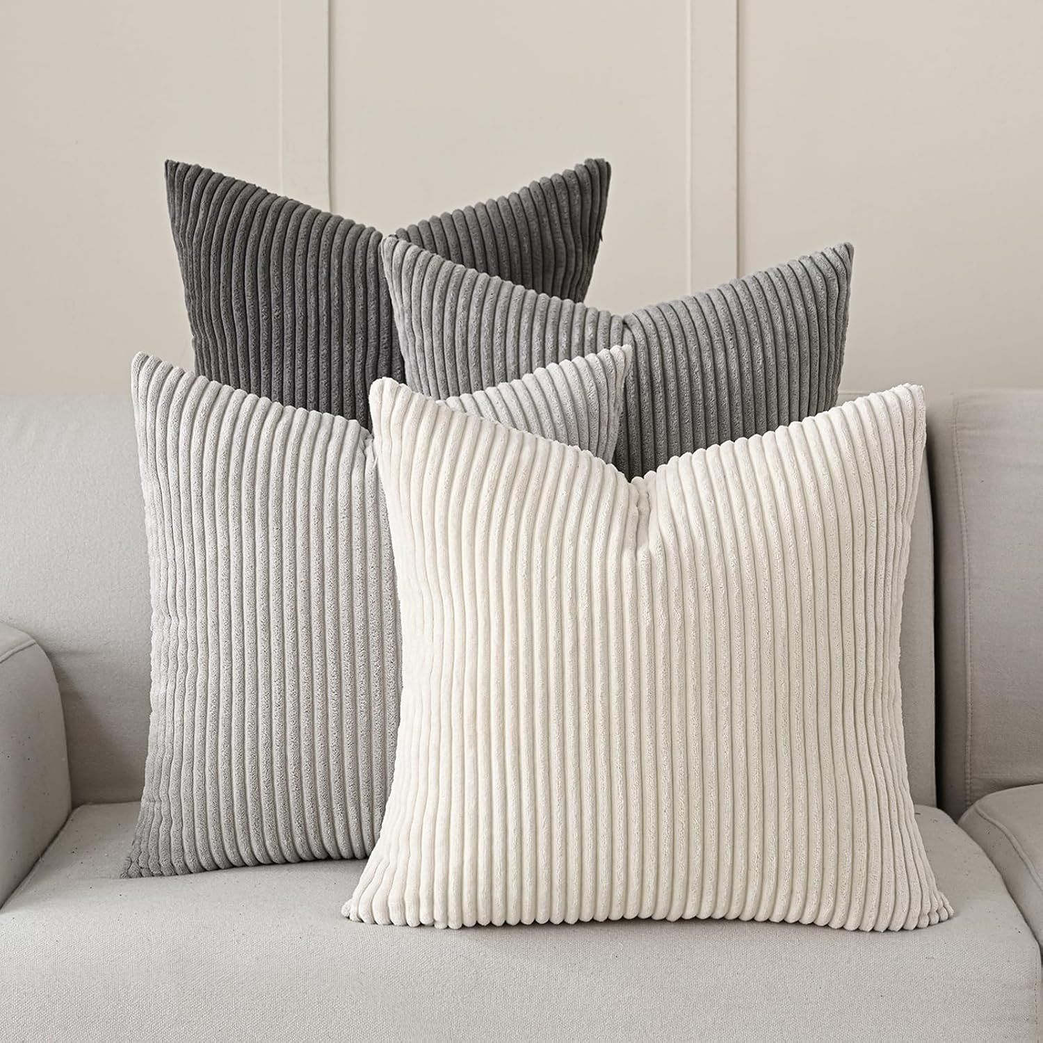 Volcanics Set of 4 Neutral Grey Corduroy Decorative Couch Throw Pillow Covers 18x18 Inch, Western Modern Farmhouse Striped Cushion Cases, Soft Boho Square Accent Pillow Covers for Home Sofa - Image 2