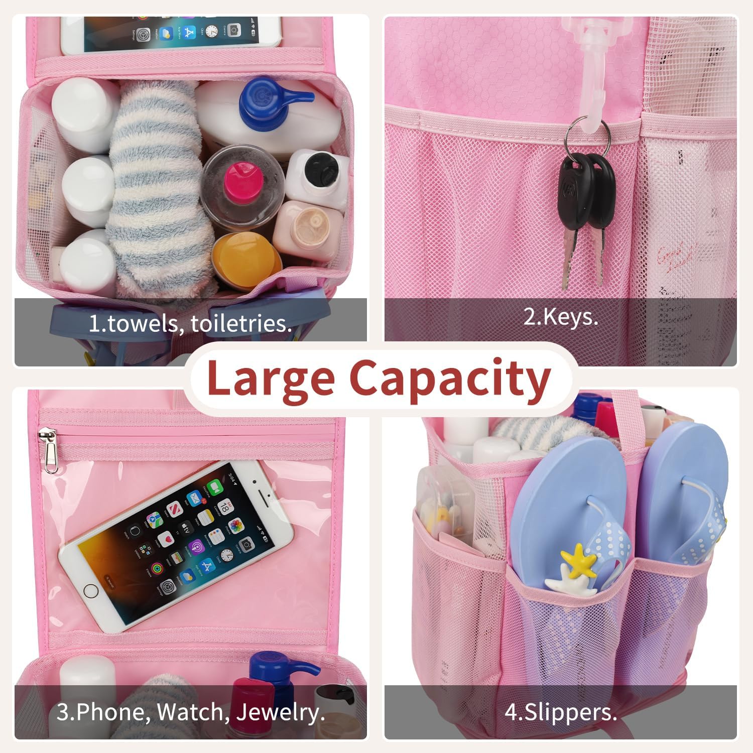 Ethereal Pink Hanging Mesh Shower Caddy Portable for College Dorm Room Essentials, Large Capacity Shower Bag for Guys/Girls, for Beach, Swimming, Gym - Image 6