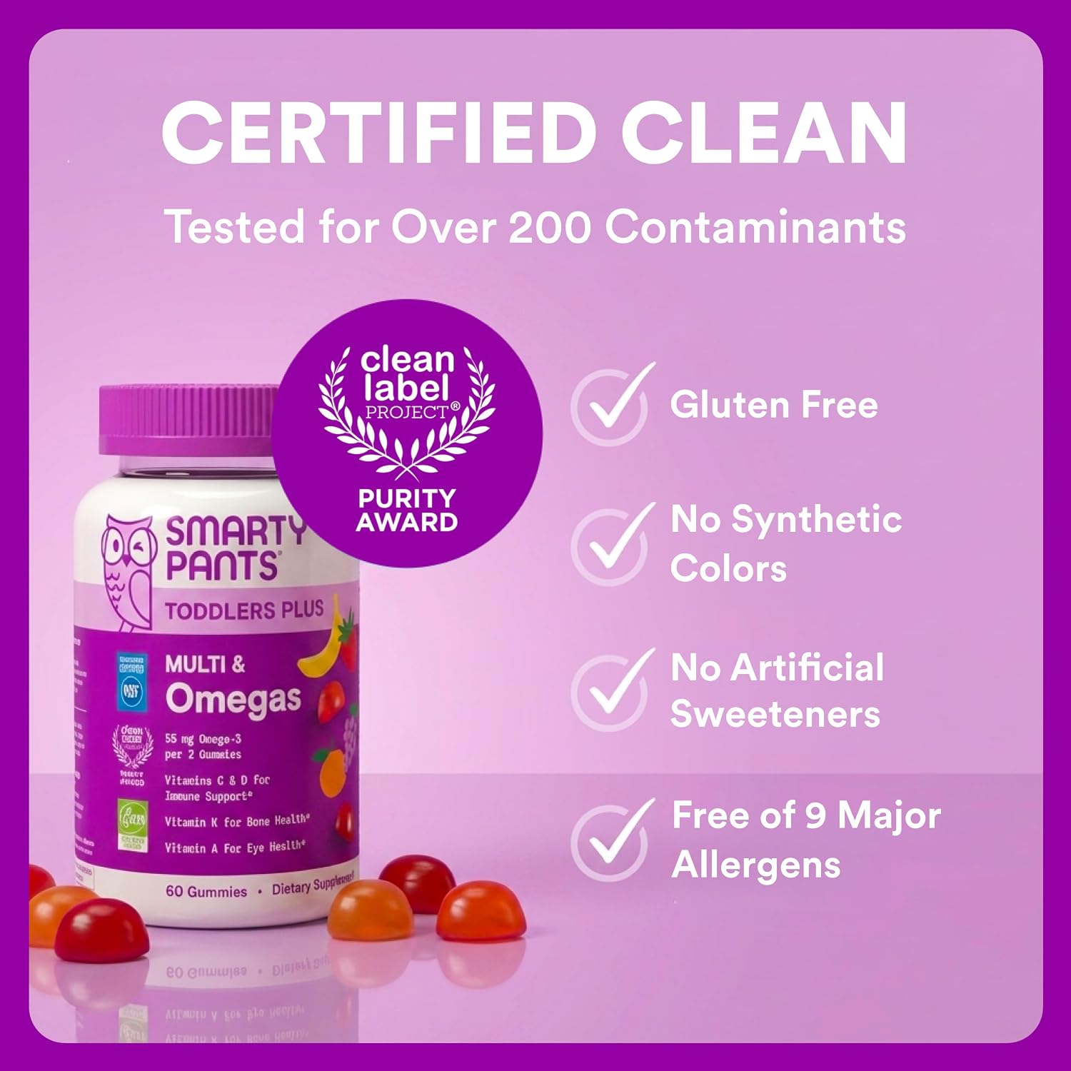 SmartyPants Toddler Multivitamin Gummies, Omega 3 (DHA/EPA), Vitamins D3, C, Vitamin B12, B6, A, K & Zinc, Biotin, Gluten Free, Three Fruit Flavors, 60 Count (30 Day Supply) - Image 9