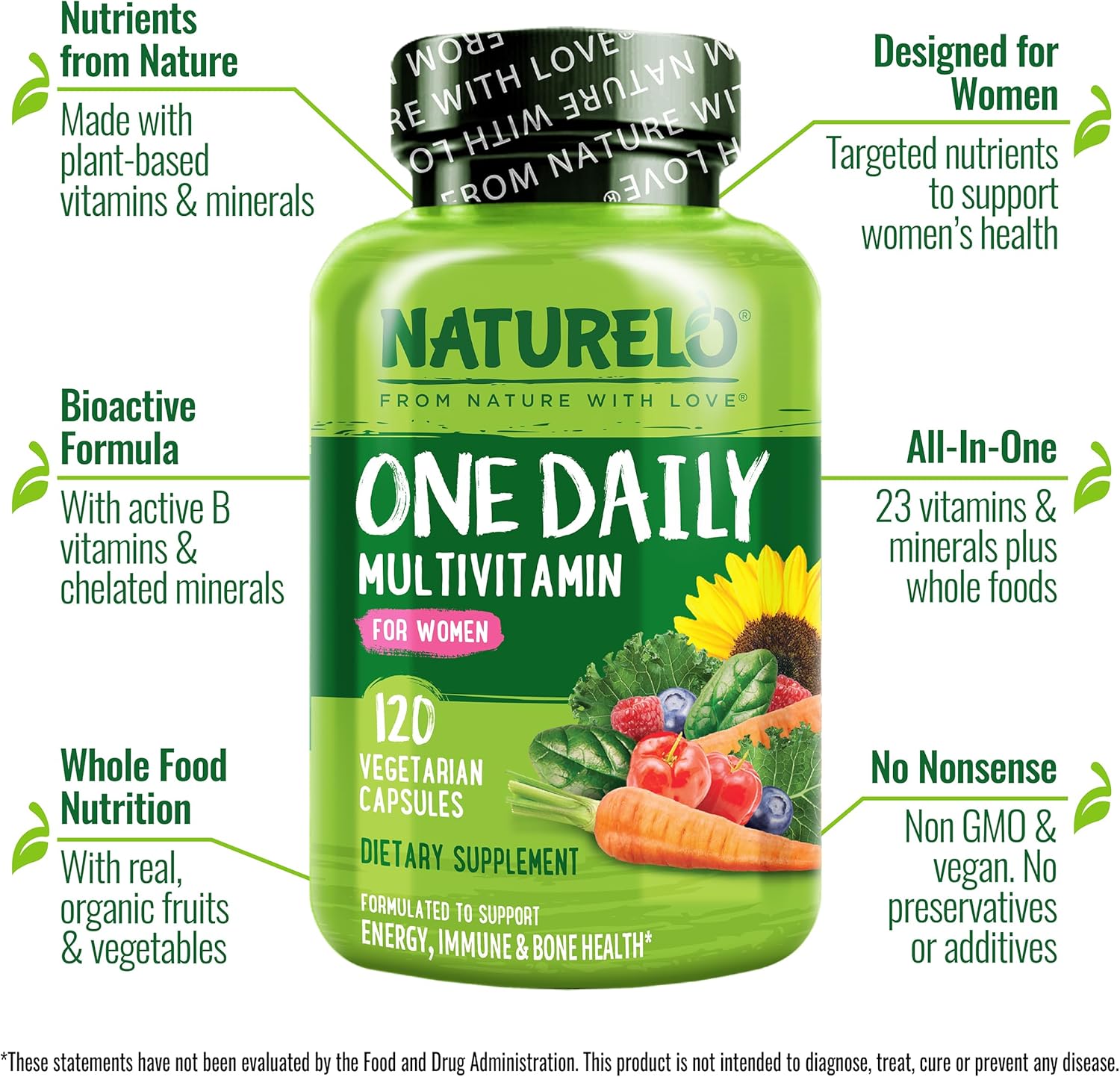 NATURELO One Daily Multivitamin for Women w/Vitamin B12, 120 Ct, Energy Support, Whole Food Daily Women Multivitamin Supplement, Nourish Hair/Skin/Nail, Non-GMO, No Soy, Gluten Free, 4 Month Supply - Image 3