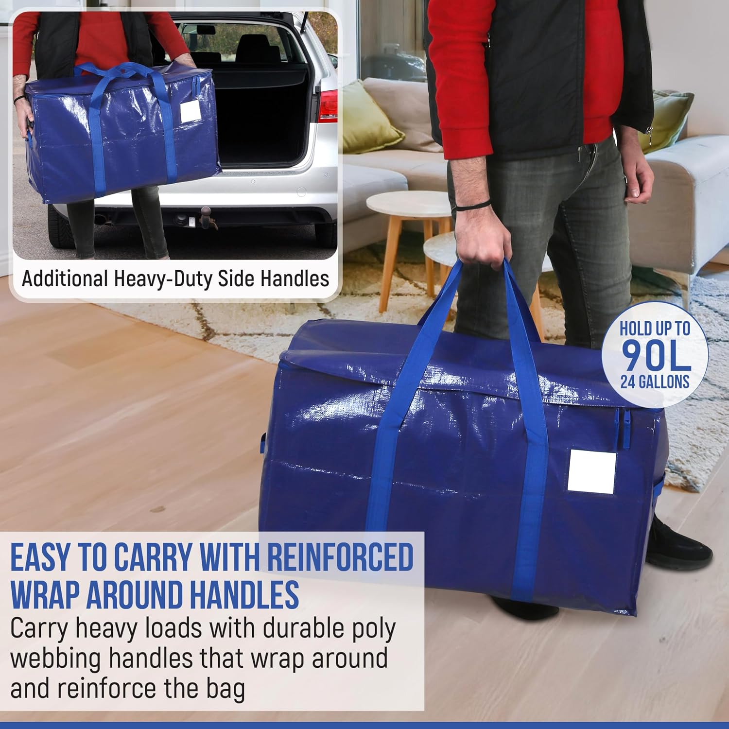 Heavy Duty Moving Bags 6 Pack, 90L Extra Large Storage Bags with Zipper & Handles, Waterproof Moving Box Alternative, Reusable Storage Bins for Clothes, Bedding, Dorm & Moving Supplies - Image 4