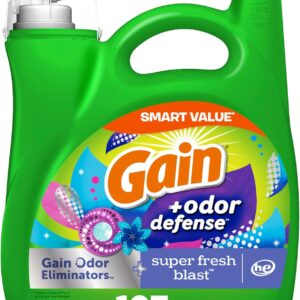 Gain + Odor Defense Liquid Laundry Detergent, Super Fresh Blast Scent, 107 Loads, HE Compatible Washing Soap (Packaging May Vary)