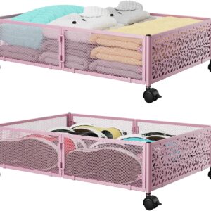 PHINOX Under the Bed Storage Containers with Wheels, Under Bed Storage, Under Bed Shoe Storage Organizer Drawer, Tool-free Assembly Metal Underbed Storage Containers -Pink