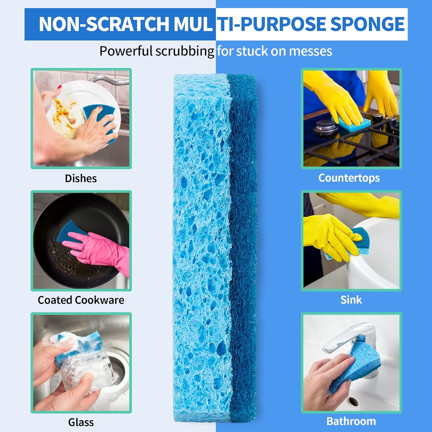 Non-Scratch Cellulose Scrub Sponges 12 Pack, Sponges Kitchen with Double-Side & Ergonomic Design for Dishes, Coated Cookware, Sink & Countertops. - Image 3