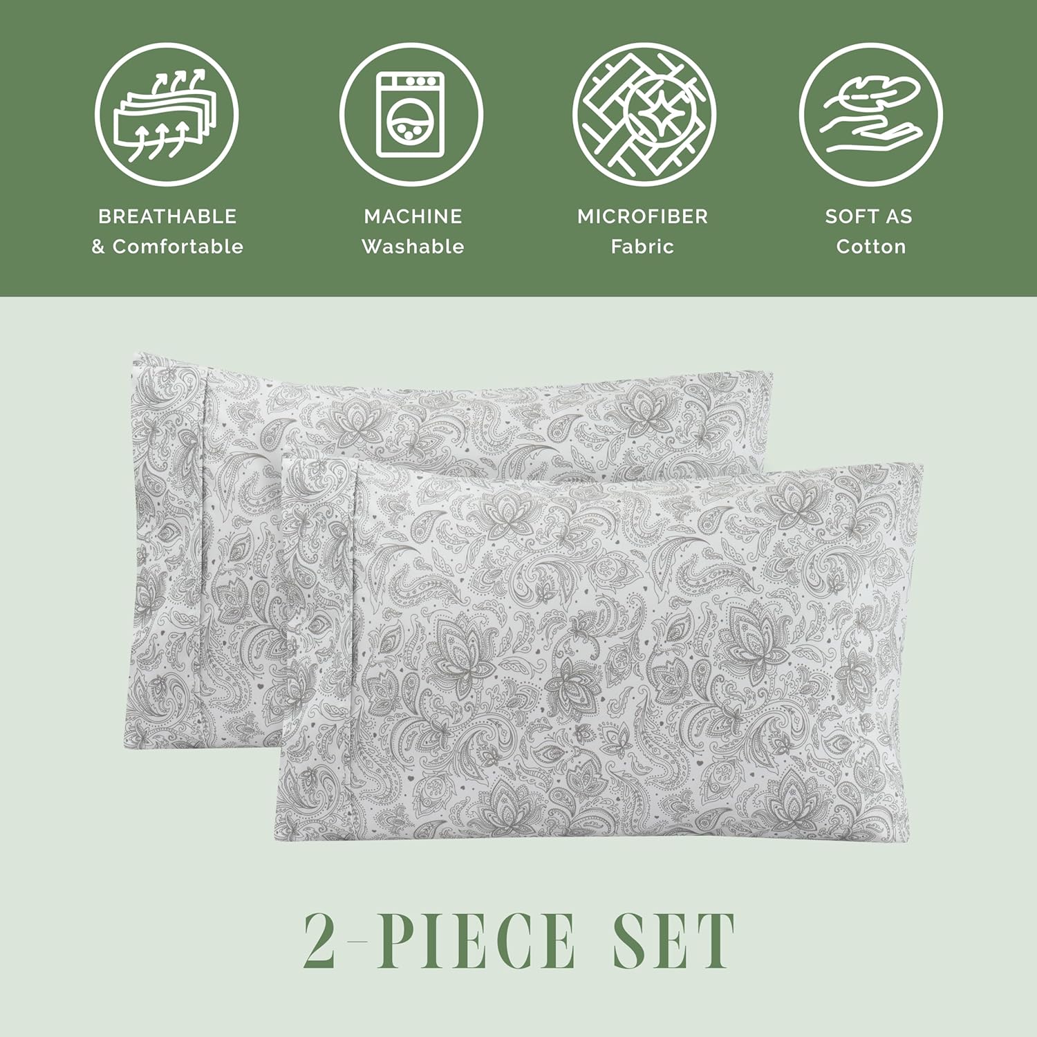 Elegant Comfort Ultra Soft Set of 2 Floral Print Pillowcases - 1500 Premium Hotel Quality Microfiber, Soft and Smooth Envelope Closure 2-Piece Pillow Covers - Standard/Queen, Paisley Gray - Image 8
