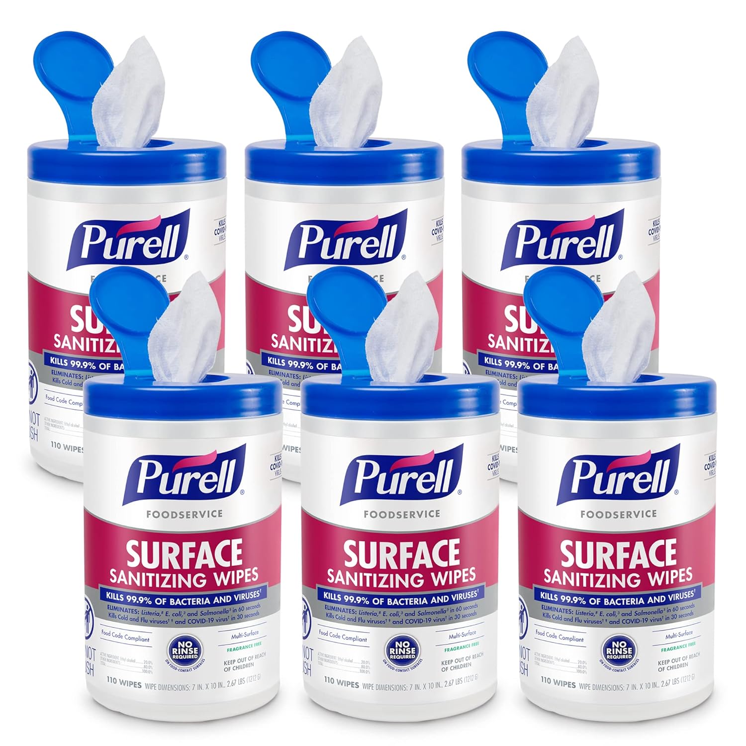 PURELL Foodservice Surface Sanitizing Wipes, Fragrance Free, 110 Count Canister, 7"x 10" Wipes (Pack of 6) - 9341-06 - Image 2