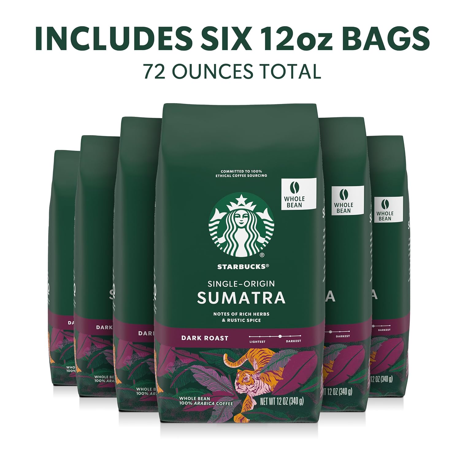 Starbucks Whole Coffee Beans, Dark Roast Hot or Iced Coffee, Single-Origin Sumatra, Six 12 oz Bags - Image 3