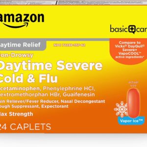 Amazon Basic Care Daytime Severe Cold & Flu Relief Caplets, Multi-Symptom Relief for Headache, Fever, Sore Throat, Chest & Nasal Congestion, Vapor Ice, 24 Count