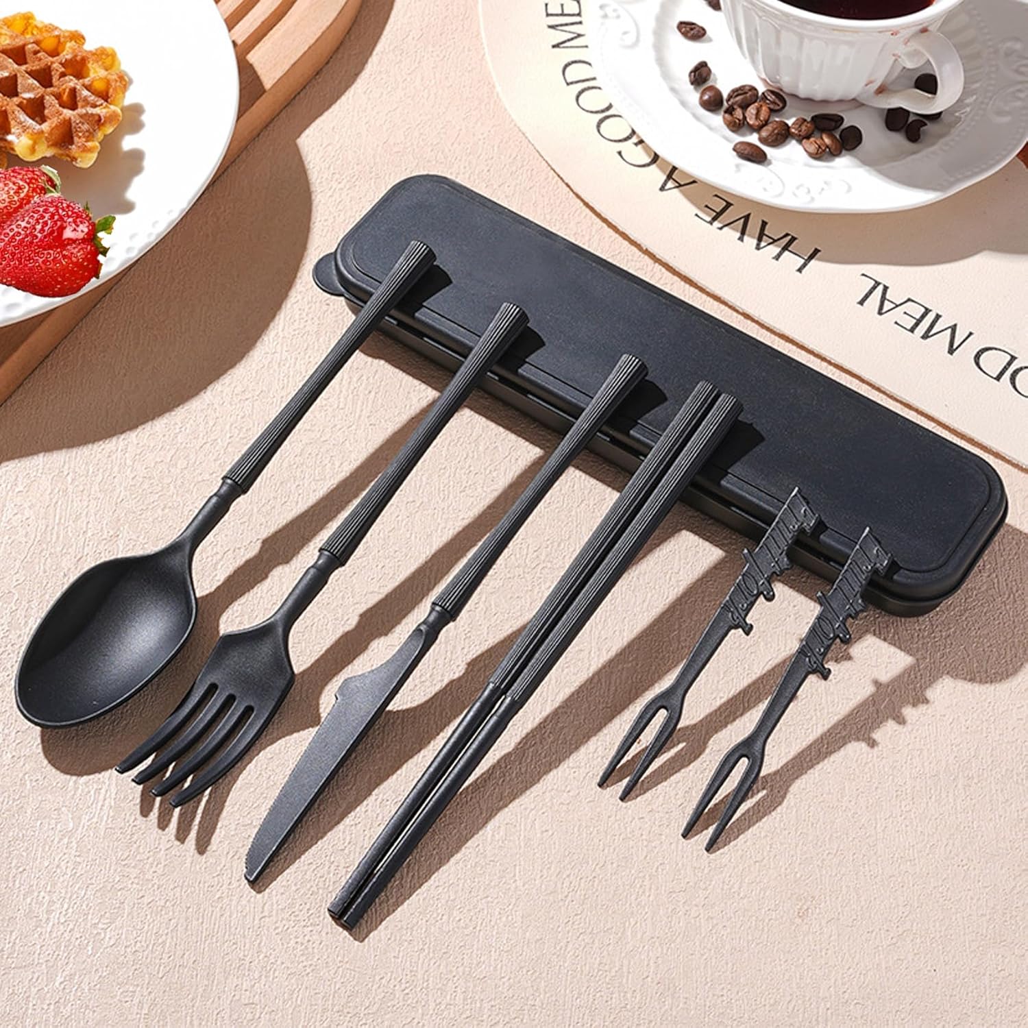 1 Set Wheat Straw Reusable Travel Utensils Set with Case, Portable Camping Cutlery Includes Fork, Knife & Spoon for Adults, Picnic, Lunch Box & Daily Use - Image 5