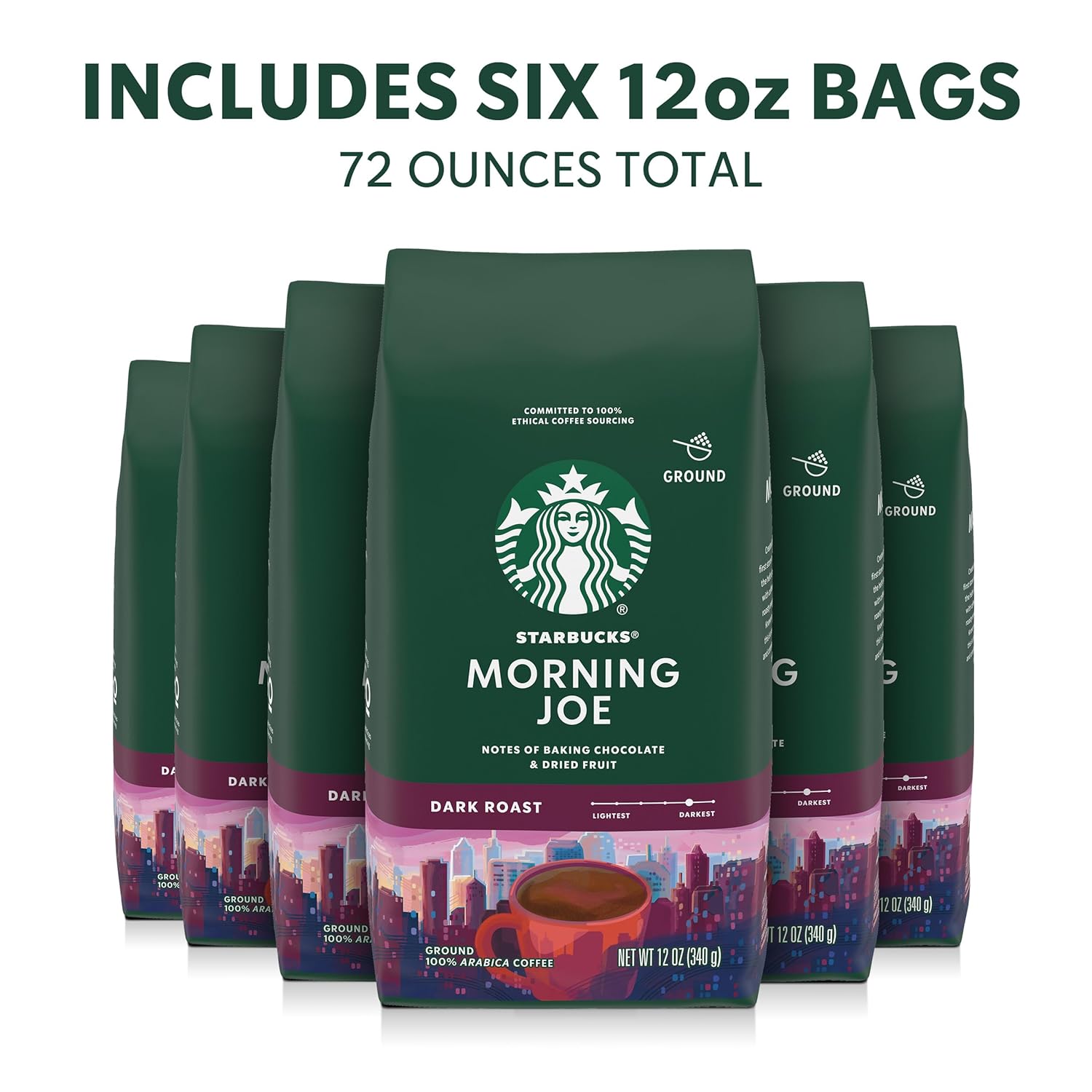 Starbucks Ground Coffee, Dark Roast Hot or Iced Coffee, Morning Joe, Six 12 oz Bags - Image 3