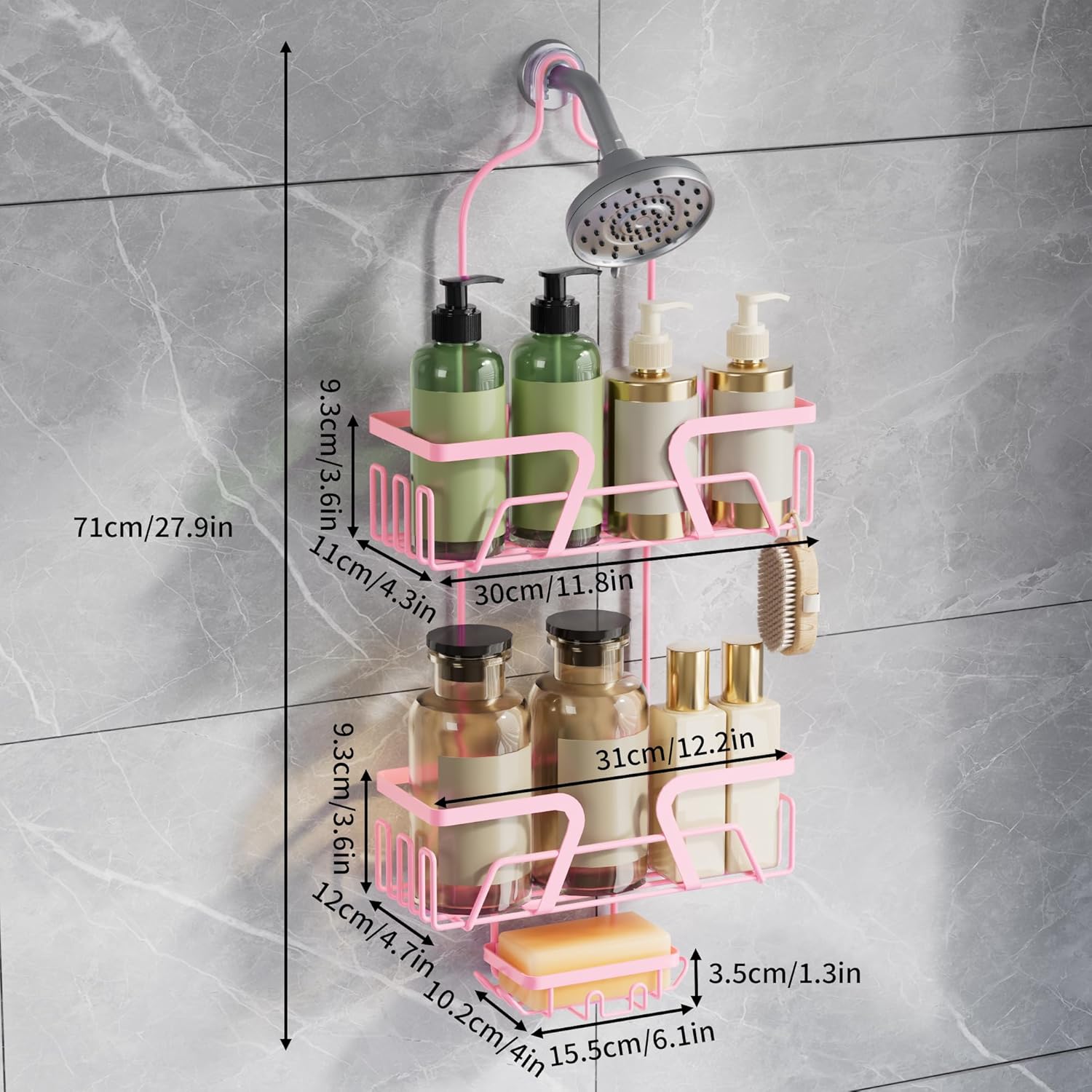 DAOYA Shower Caddy Hanging, Pink Over the Shower Head Caddy with Soap Holder, Bathroom Organizer with Hooks for Razors and Bath Sponges - Image 7
