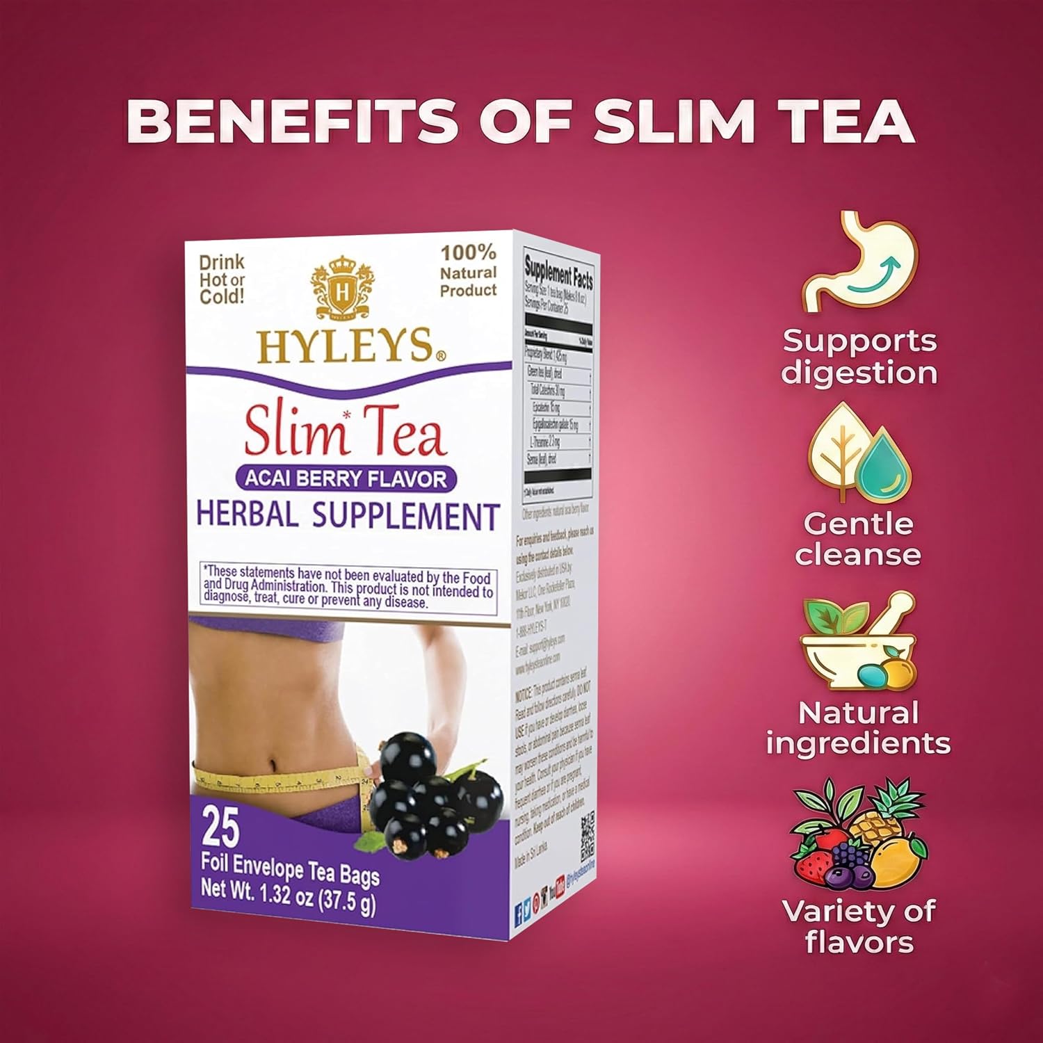 HYLEYS Slim Tea Acai Berry Flavor - Weight Loss Herbal Supplement Cleanse and Detox - 25 Tea Bags (1 Pack) - Image 7