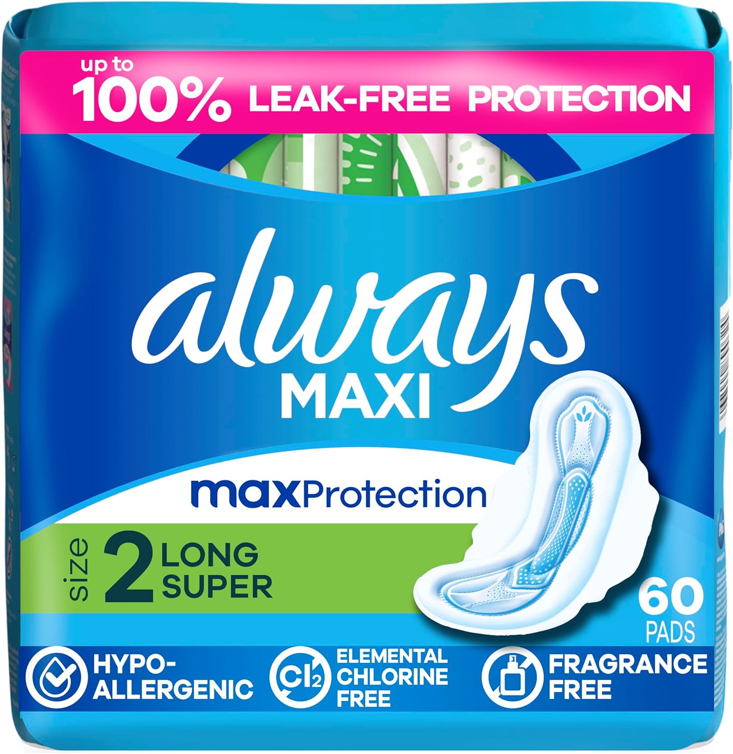 Always Maxi Feminine Pads with Wings for Women, Size 2, Long Super Absorbency, Unscented 60 Count - Image 2