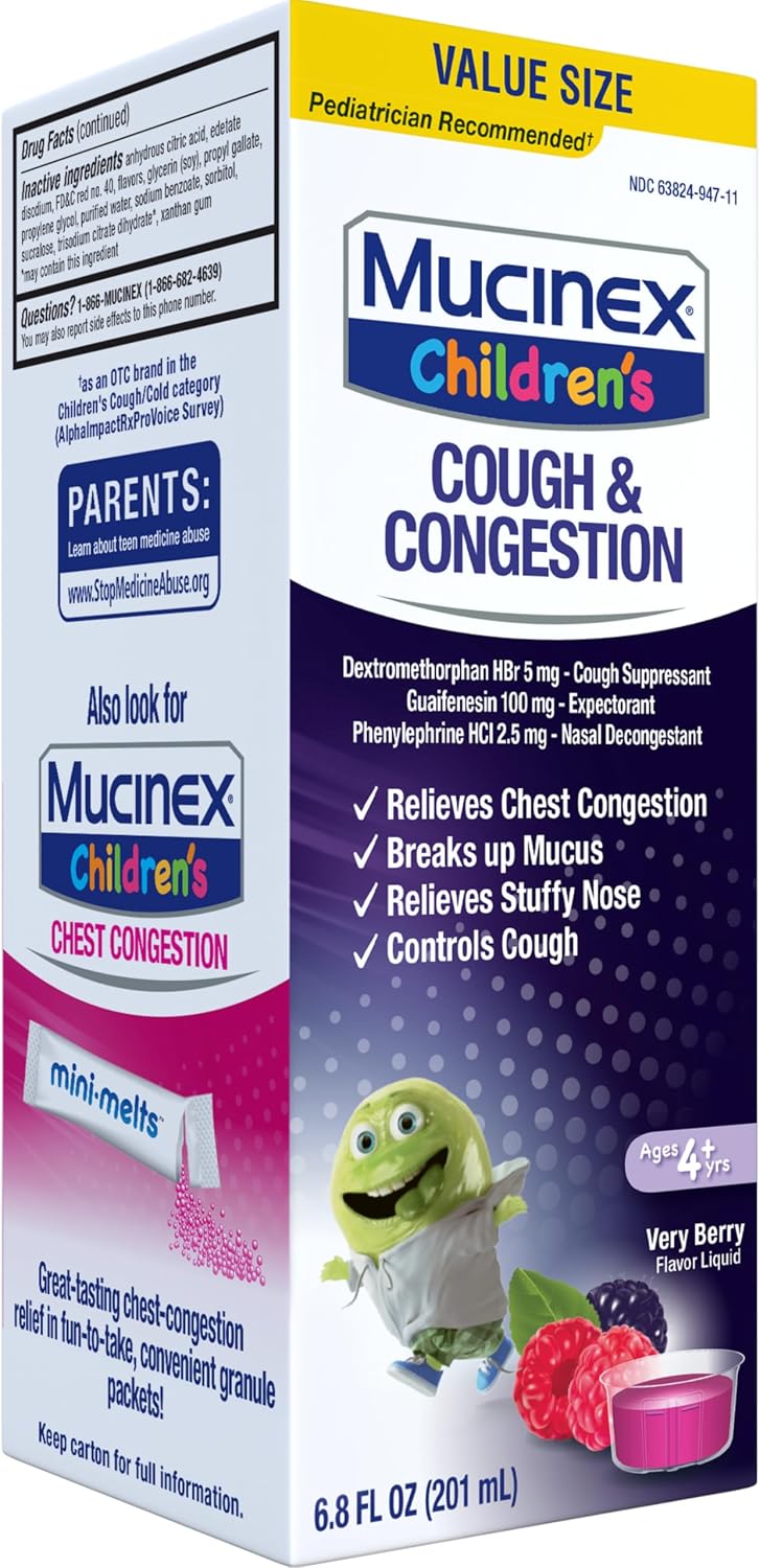 Mucinex Children’s Cough & Congestion, Multi-Symptom Relief, Cough Suppressant, Expectorant, Nasal Decongestant, Very Berry Flavor, 6.8 FL OZ - Image 17