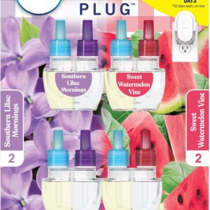 Febreze Odor-Fighting Fade Defy PLUG Air Freshener, Southern Lilac Mornings, Sweet Watermelon Vine, Pack of 4 (2 of Each), .79 fl. oz. Oil Refill