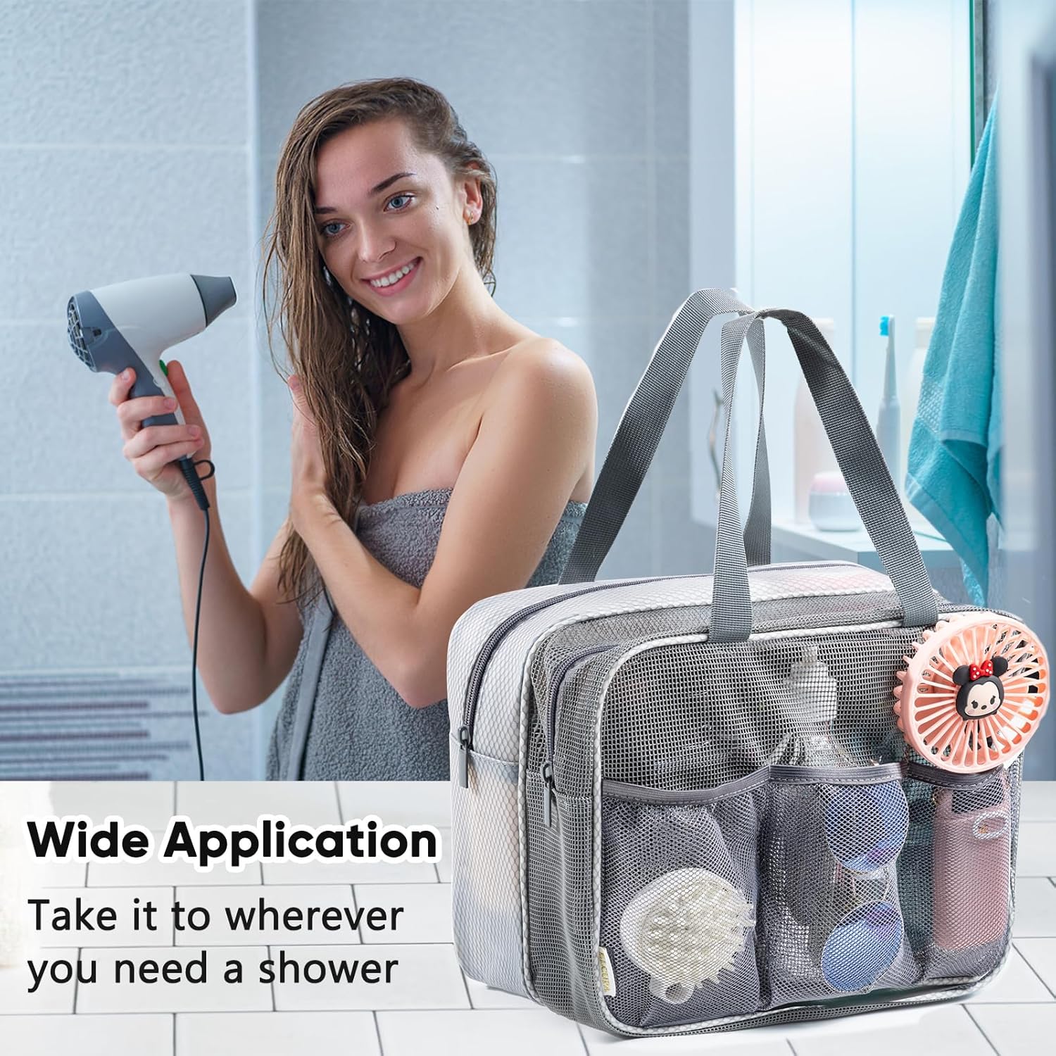 Large Mesh Shower Caddy with Wet & Dry Zones – Portable Hanging Toiletry Bag for College Dorm Room Essentials, Travel, Gym, Camping, Beach Tote Bag – Quick-Dry Shower Tote Organizer - Image 7