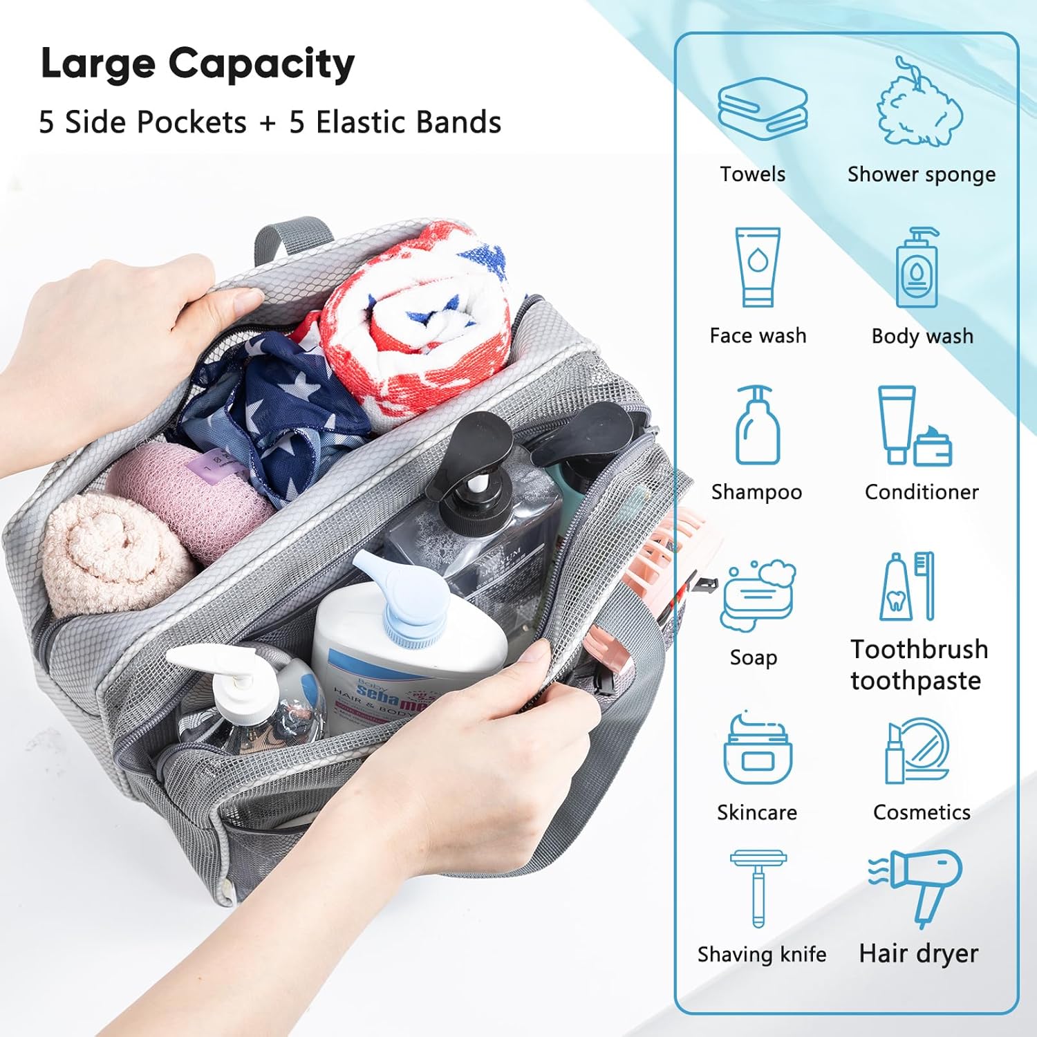 Large Mesh Shower Caddy with Wet & Dry Zones – Portable Hanging Toiletry Bag for College Dorm Room Essentials, Travel, Gym, Camping, Beach Tote Bag – Quick-Dry Shower Tote Organizer - Image 4
