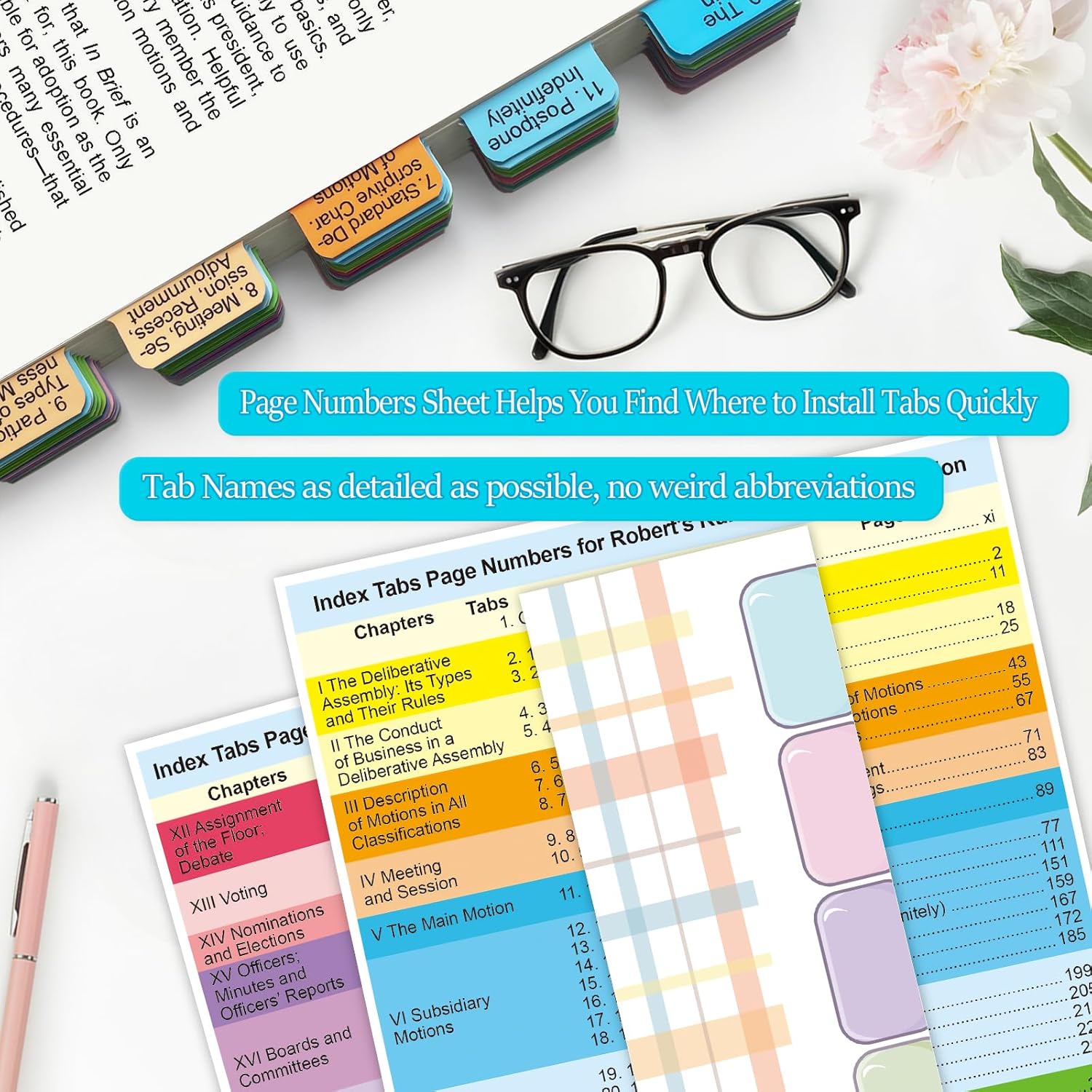 Index Tabs for Robert's Rules of Order Newly Revised, 12th Edition, 90 Color-Coded & Laminated Book Tabs with Alignment Guide (Book Not Included), Repositionable and Long-Lasting - Image 4