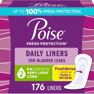 Poise Daily Liners, Incontinence Panty Liners for Bladder Leaks, 2 Drop Very Light Absorbency, Long Length, 176 Count of Pantiliners (4 Packs of 44), Packaging May Vary