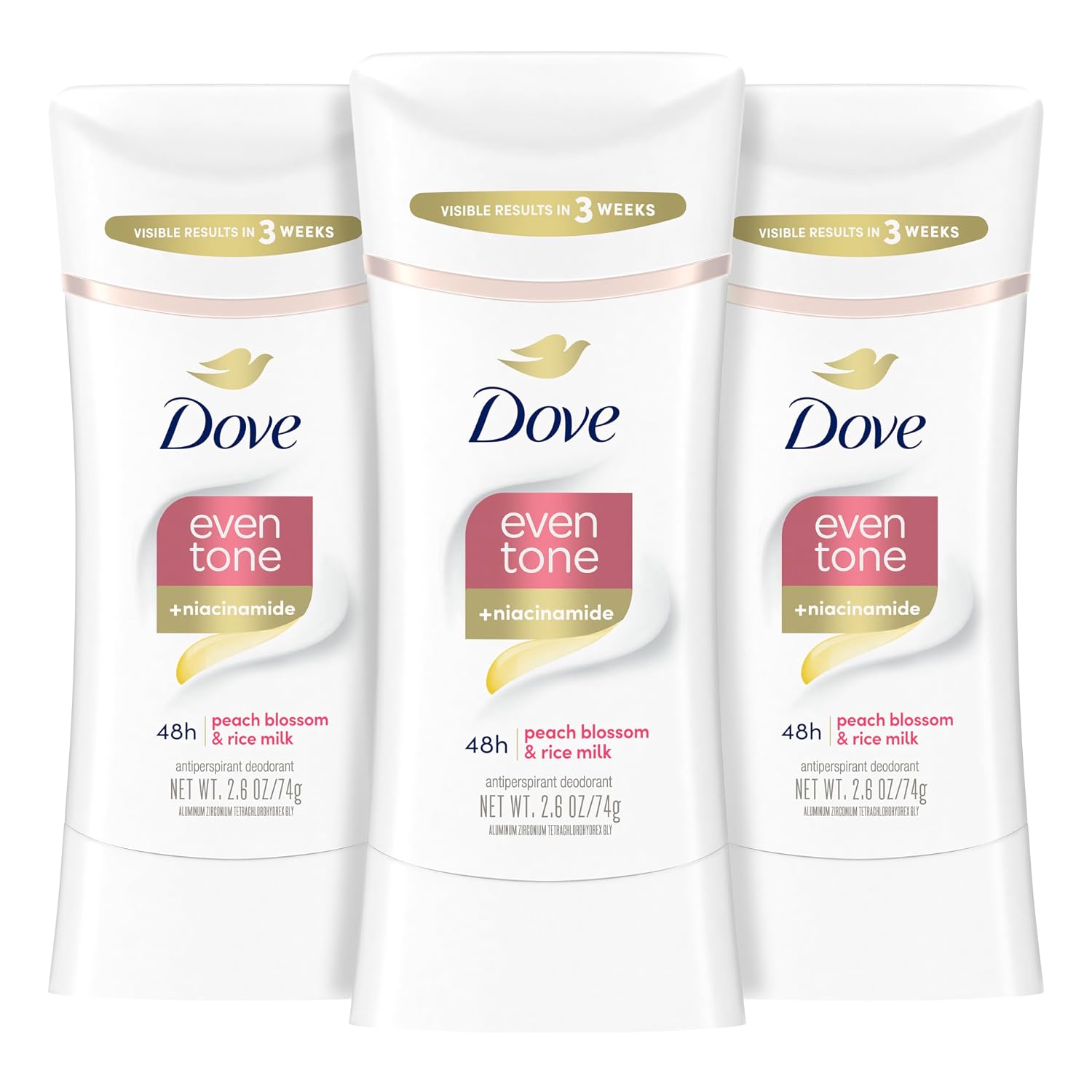 Dove Even Tone Antiperspirant Deodorant Stick Peach Blossom & Rice Milk 3 Count 2.6 oz - Image 2