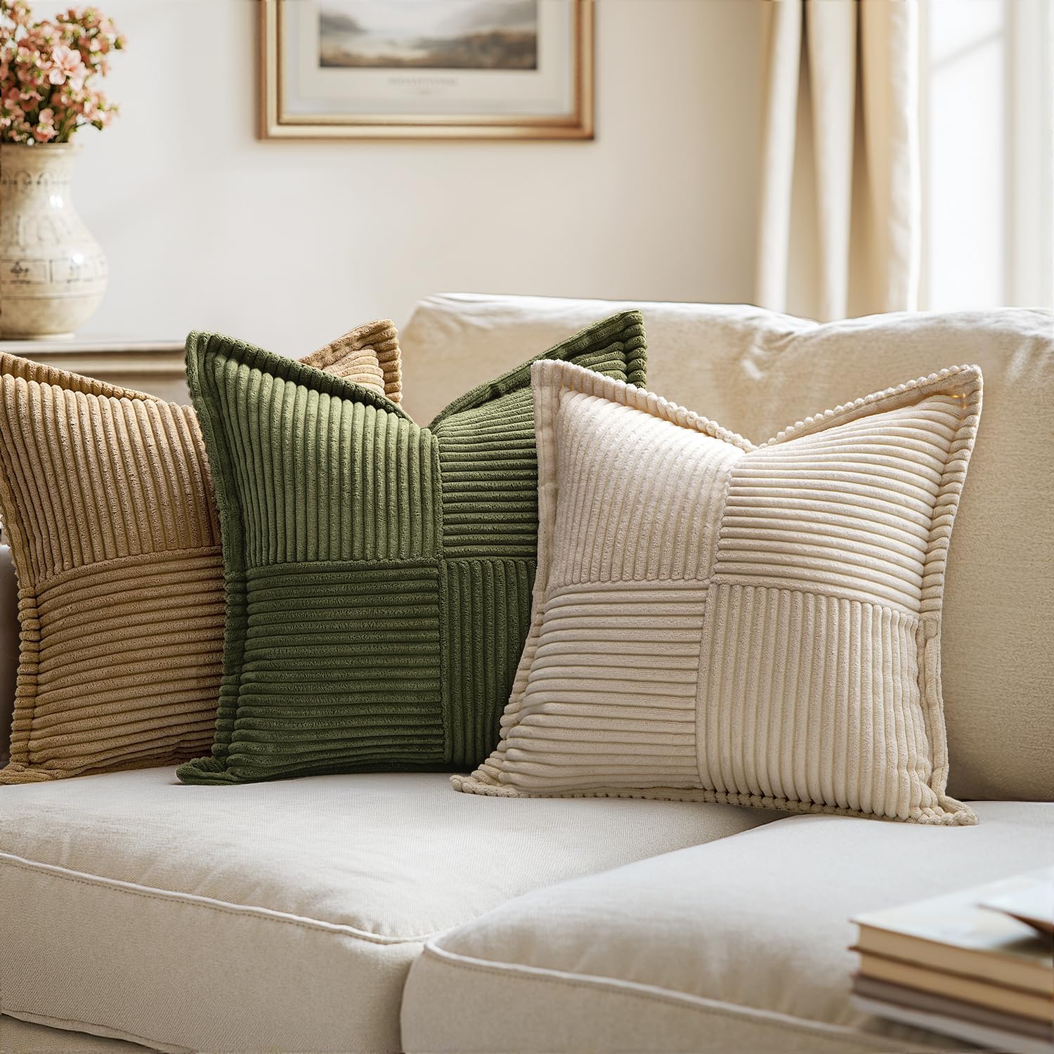 MIULEE Decorative Throw Pillow Covers for Couch Bed Livingroom 18x18 Inch Set of 2 Beige Boho Accent Throw Pllows Broadside Striped Patchwork Soft Corduroy Pillowcases - Image 8