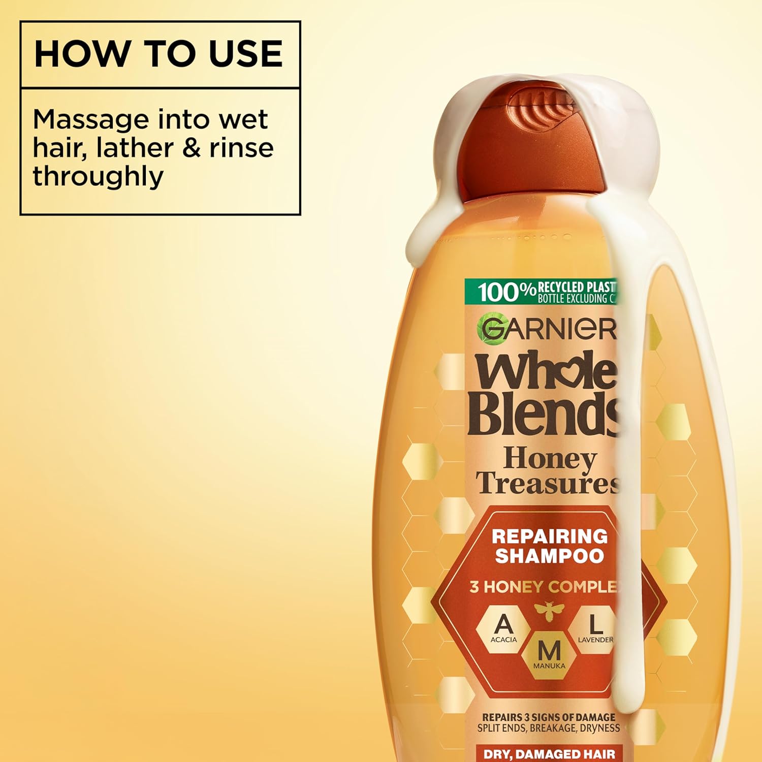 Garnier Whole Blends Honey Treasures Repairing Shampoo, Hair Repair Formula for Dry, Damaged Hair with Acacia, Manuka, and Lavender Honeys, 28 Fl Oz (Packaging May Vary) - Image 7
