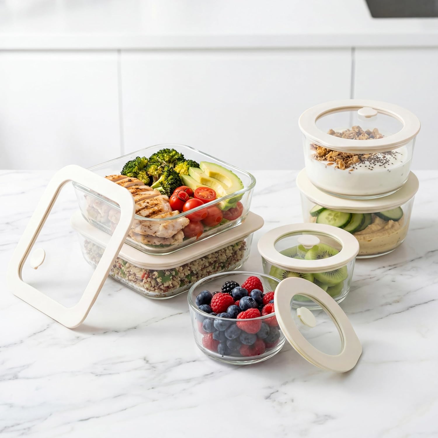 Urban Green Glass Food Container Set with Glass Lid, 6 Pack, Food Storage Containers Set, Airtight, LeakProof, Micowave Safe, 100% Plastic Free, Meal Prep Containers (White Color) - Image 8