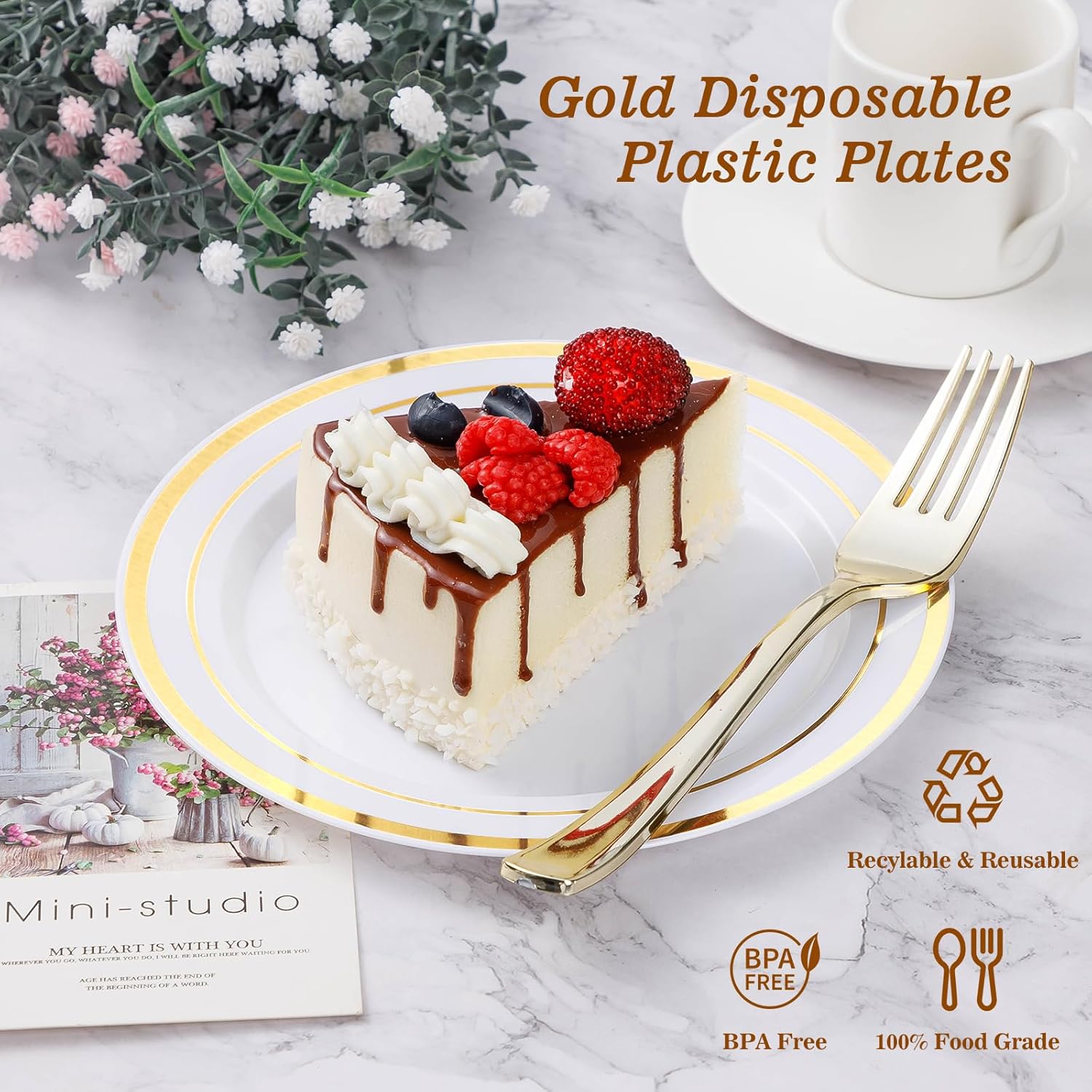 BESTVIP 200PCS Gold Plastic Plate, Disposable Party Plates with 100 Dinner Plates and 100 Dessert Plates, Plastic Plates for Party, Wedding and Birthday - Image 3