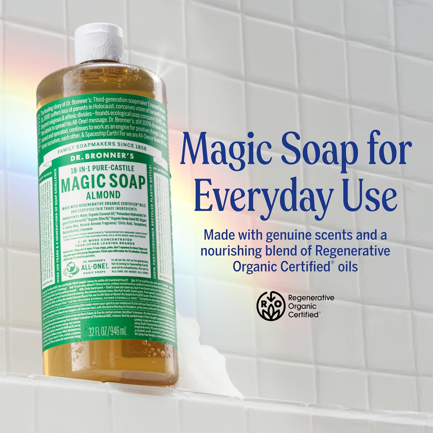Dr. Bronner's Pure-Castile Magic Liquid Soap (Almond, 32 Ounce, 2-Pack)- Made with Regenerative Organic Certified Oils, 18-in1 Uses: Face, Hair, Hand & Body Soap, Laundry, Pets- Concentrated, Vegan - Image 3