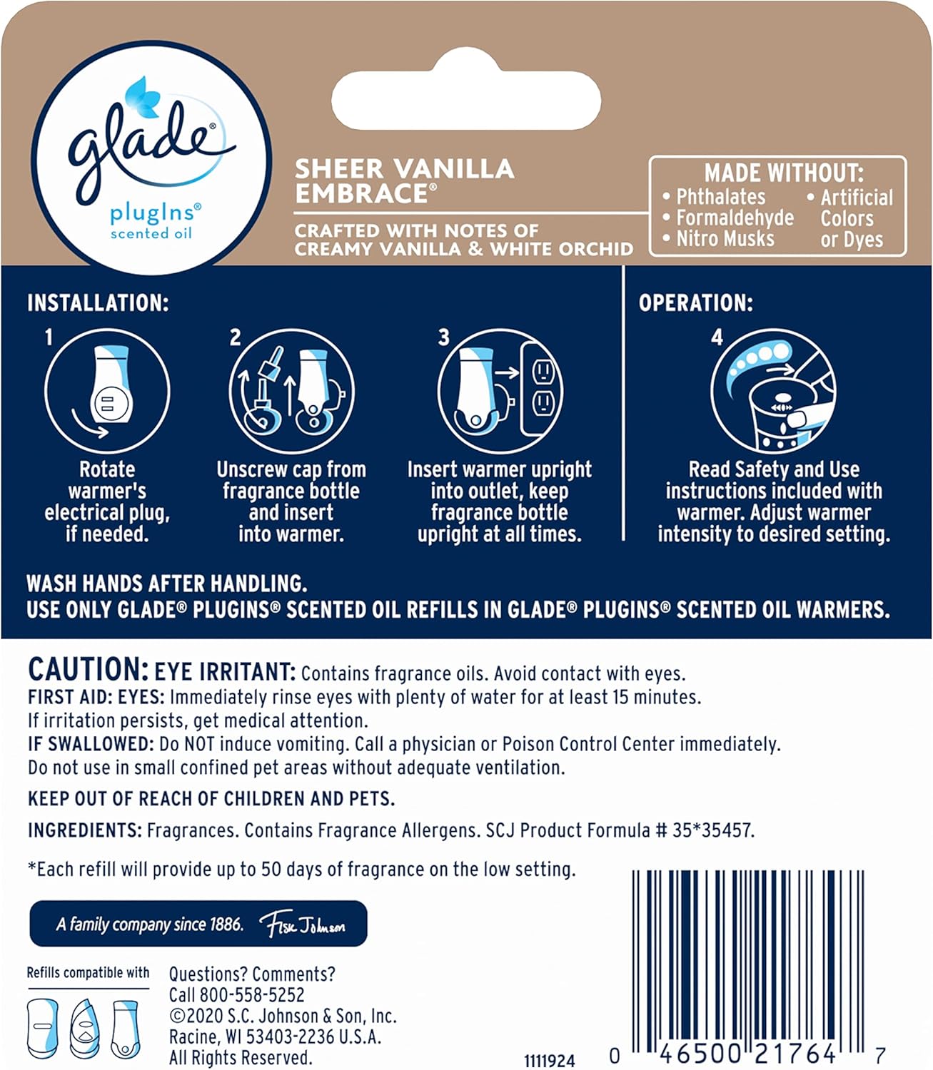 Glade PlugIns Refills Air Freshener, Scented and Essential Oils for Home and Bathroom, Sheer Vanilla Embrace, 1.34 Oz, 2 Count - Image 2