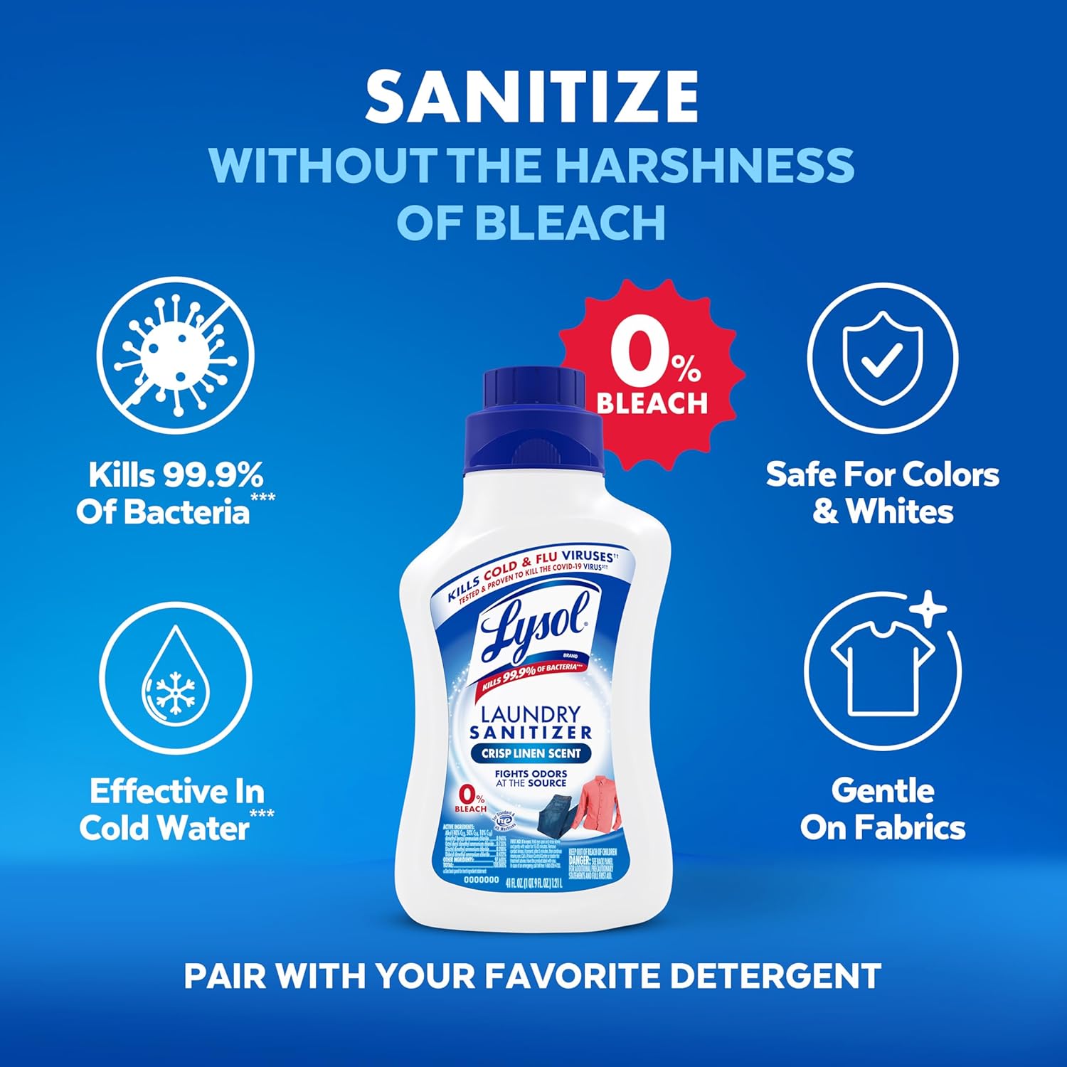 Lysol Disinfectant Laundry Sanitizer & Scent Booster, Laundry Detergent Additive, Color Safe Bleach Alternative, Laundry Odor Eliminator, Kills Bacteria & Viruses, Crisp Linen Scent, 41 Fl Oz Liquid - Image 6