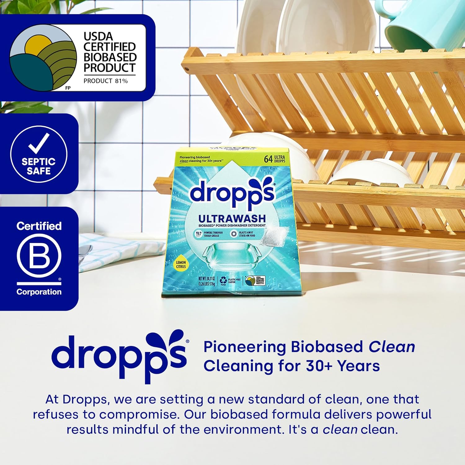 Dropps UltraWash Dishwasher Detergent Pods, Unscented (120 Ct) - Free & Clear | Cuts Grease & Stuck-On Food | Sparkling Dishes & Glasses | Residue-Free | Clean Ingredients | Plastic Free Packaging - Image 7