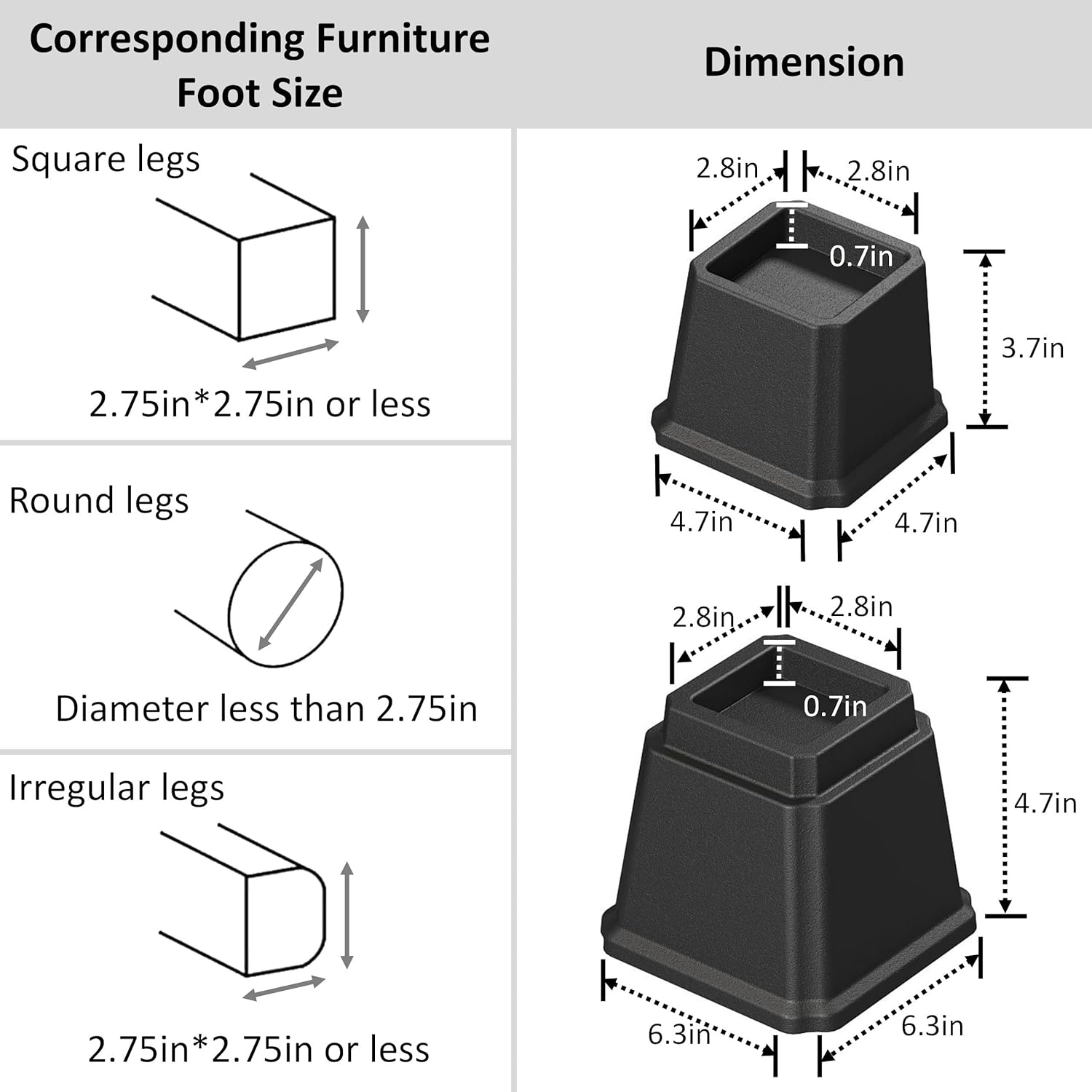 Bed Risers 7 inch Heavy Duty in Adjustable Heights of 7, 4 or 4 Inches Bed Elevators, 1,500 lbs Lifts Up Furniture Riser for Sofa and Table Set of 4, Black - Image 4