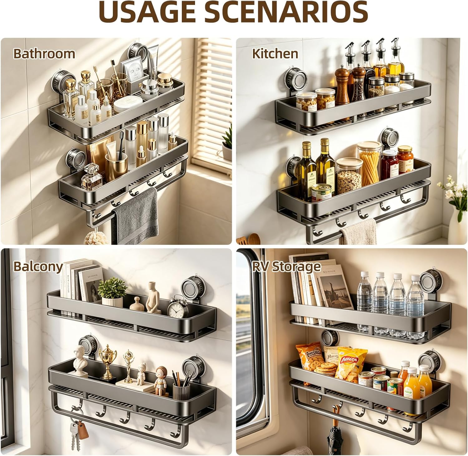 Suction Cup Shower Caddy, No Drilling Rectangular Shelf for Inside Shower, Heavy Duty Carbon Steel Bathroom Organizer Storage Rack with Towel Bar & Hooks, Rust-Resistant (Grey,2-Pack) - Image 7