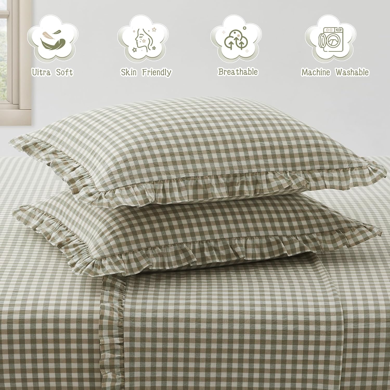 KKJIAF 2 Pcs Plaid Ruffle Pillow Case Standard Size, Ruffled Gingham Cotton Pillowcases 20x26 Inch, Linen Feel Plaid Bed Pillow Shams with Envelope Closure for Sofa Bed (Sage Green Plaid) - Image 6