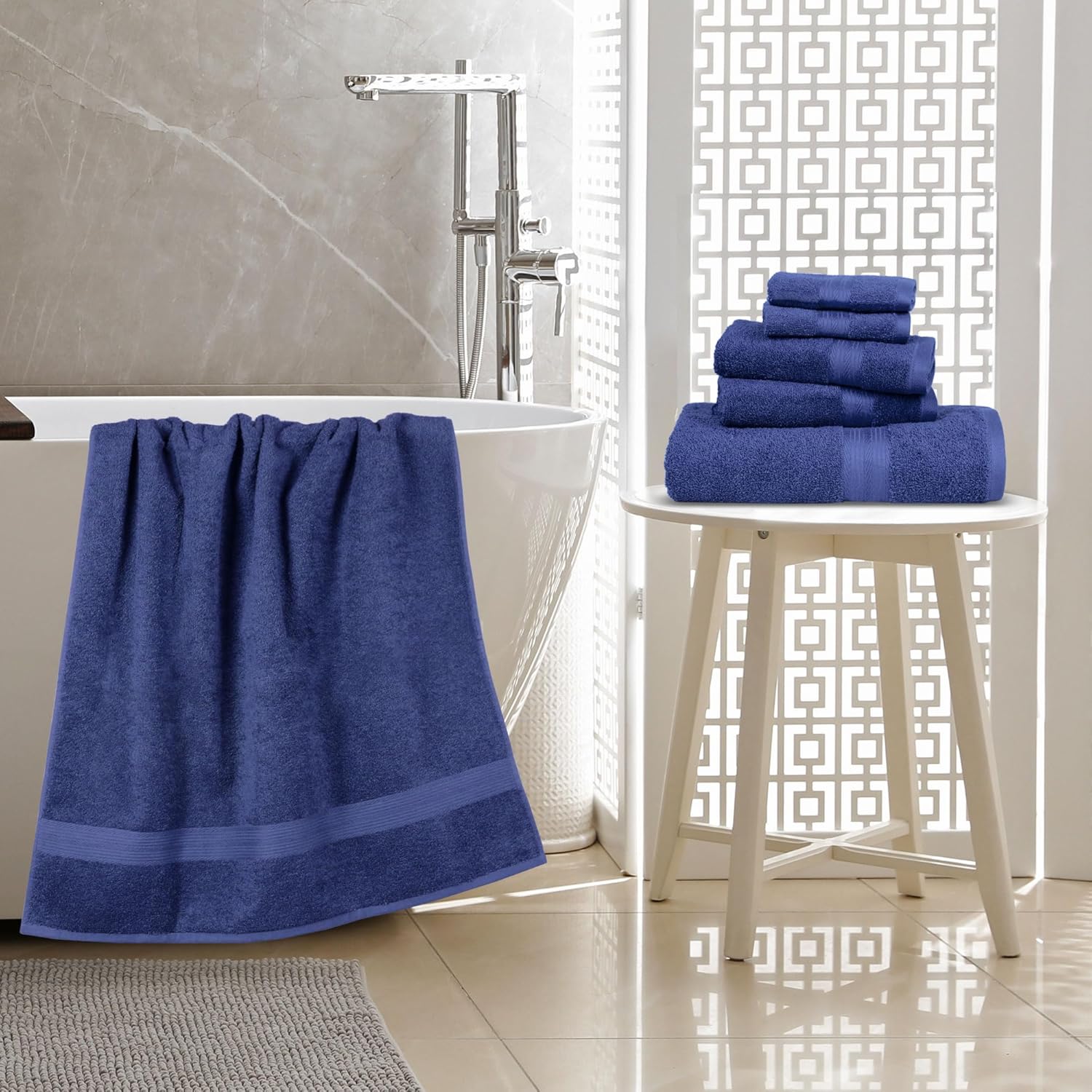 Amazon Basics 6-Piece Fade-Resistant 100% Cotton Towel Set, Soft and Absorbent, 2 Bath Towels, 2 Hand Towels, 2 Washcloths, Navy Blue - Image 11