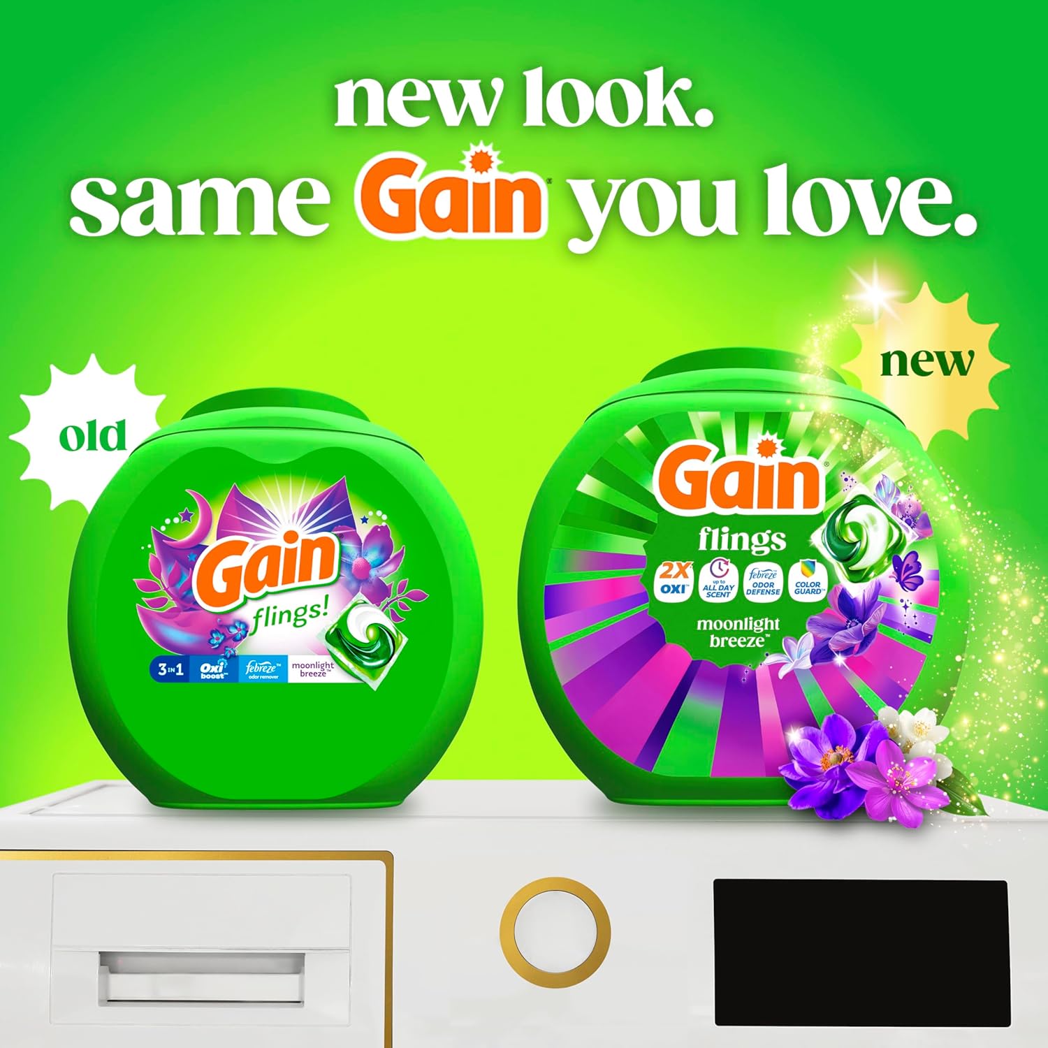 Gain Flings Laundry Detergent Pods Odor Defense + Color Guard, Moonlight Breeze Scent, 3 in 1 HE Detergent Pacs with Oxi Boost and Febreeze, 112 Count (Packaging May Vary) - Image 2