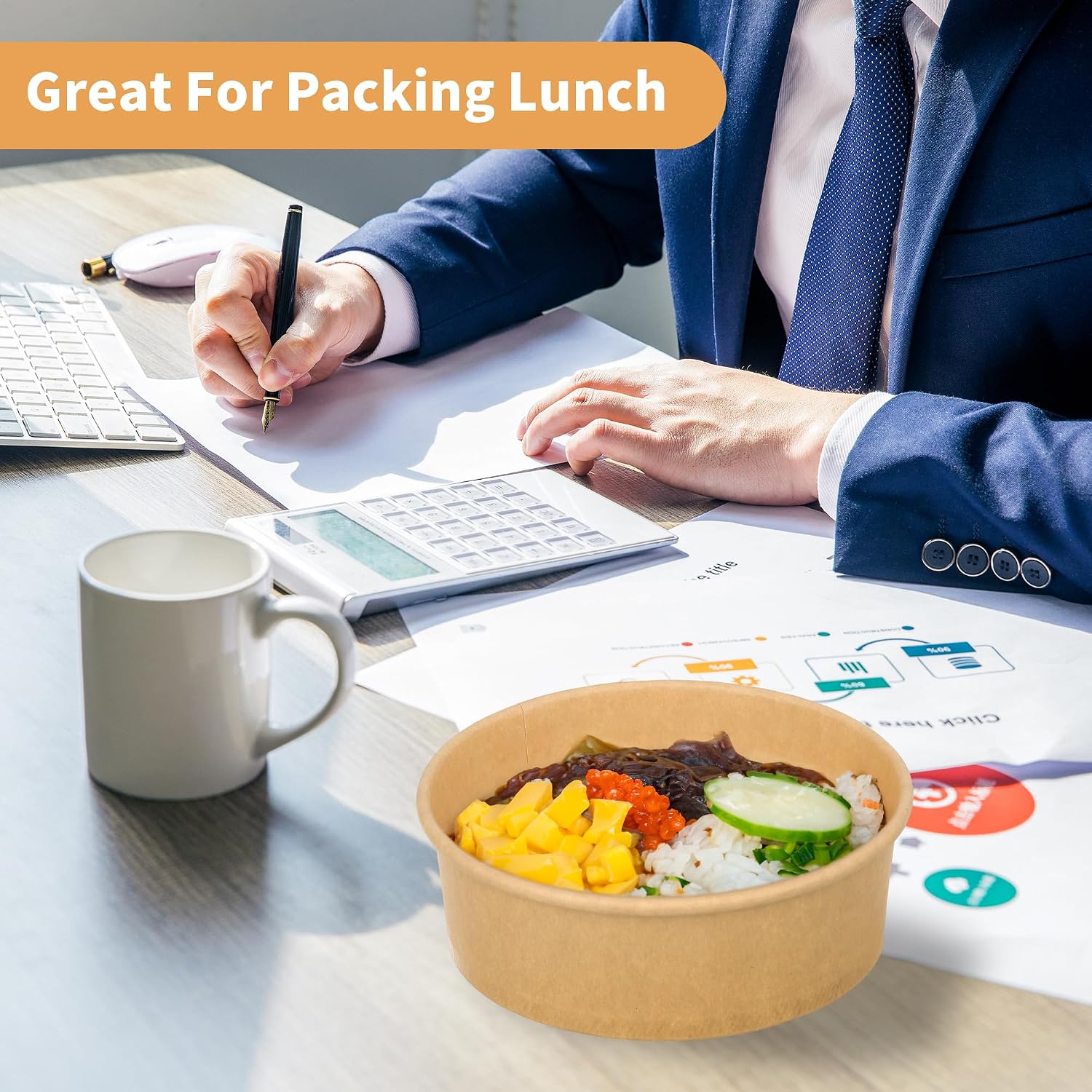 100 Pack 20 oz Disposable Bowls with Lids, Kraft Paper Salad Bowls with Lids, Paper Soup Bowls Food Container for Cold/Hot Food or Takeout - Image 7