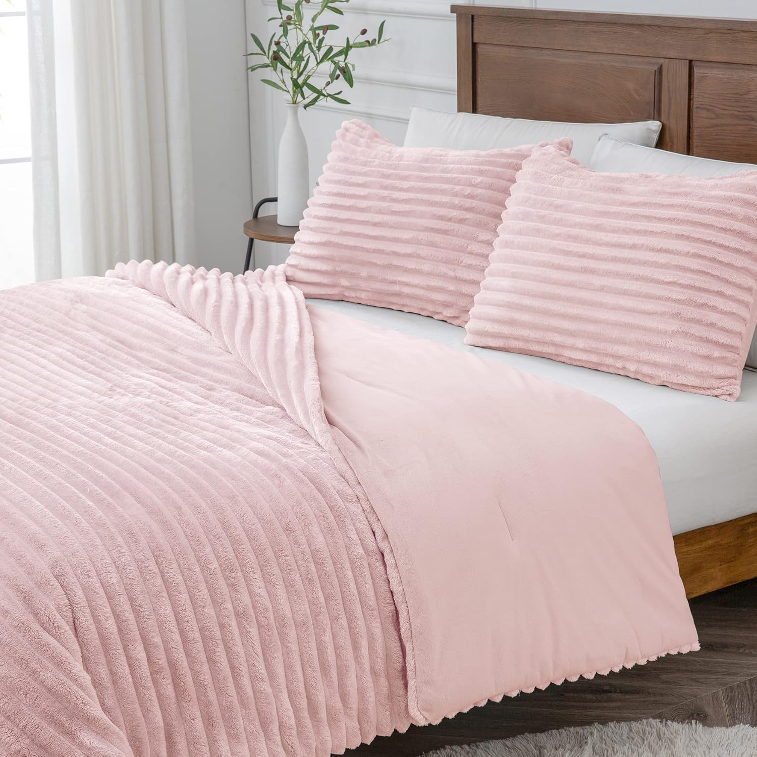 BEDELITE Fleece Queen Comforter Set -Super Soft & Warm Fluffy Pink Bedding, Luxury Fuzzy Heavy Bed Set for All Season with 2 Pillow Cases - Image 10