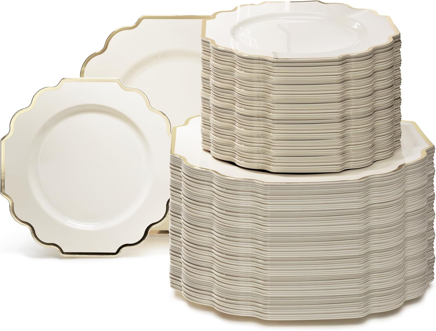 " OCCASIONS " 240 Plates Pack (120 Guests) Heavyweight Wedding Party Disposable Plastic Plates Set -120 x 10.5'' Dinner + 120 x 8'' Salad/Dessert Plate (Imperial Ivory & Gold) - Image 2