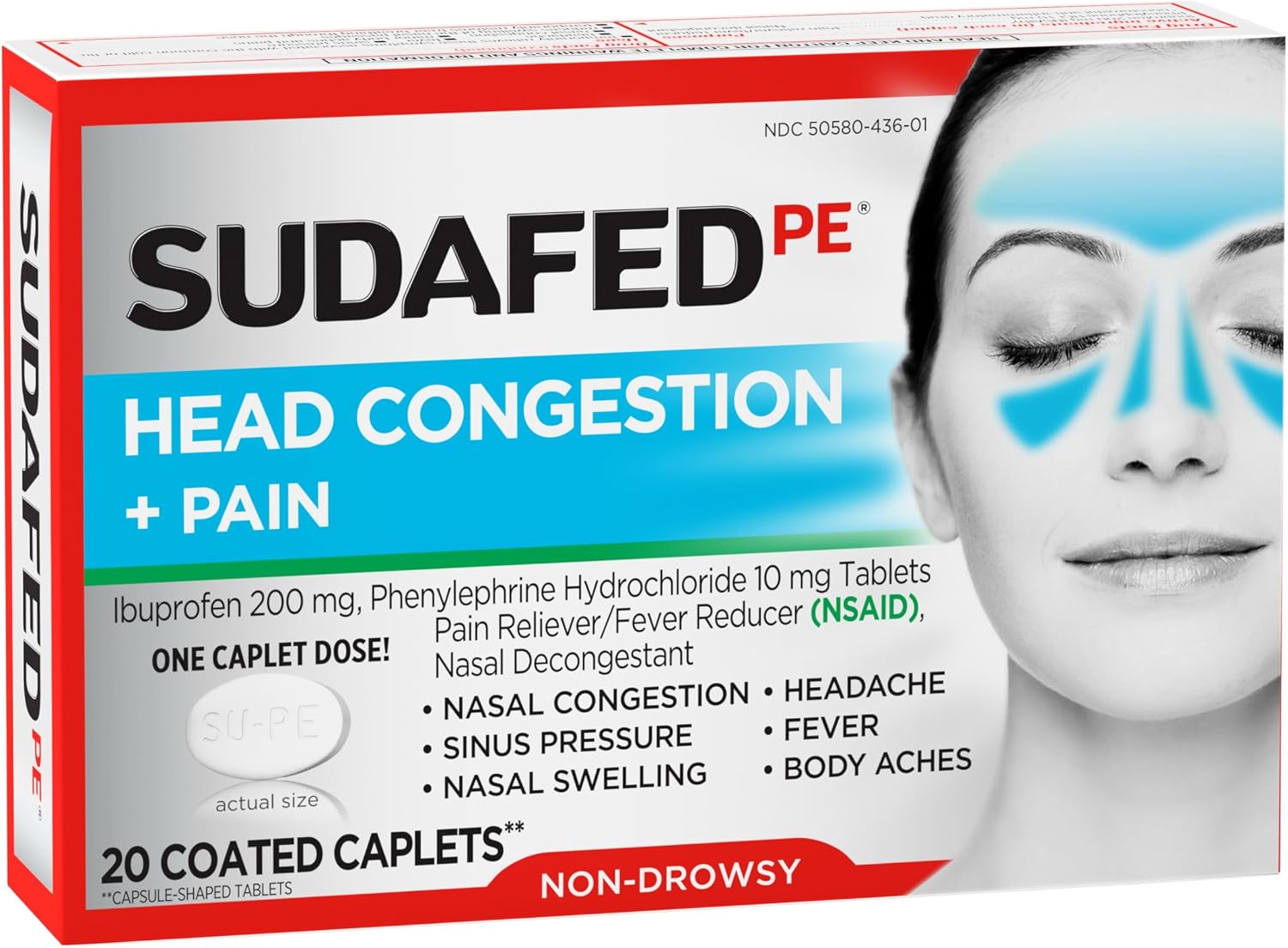 Sudafed PE Non-Drowsy Head Congestion + Pain Relief Caplets with Ibuprofen 200 mg & Phenylephrine HCl 10 mg, Nasal Decongestant & NSAID Pain Reliever & Fever Reducer, 20 ct - Image 9